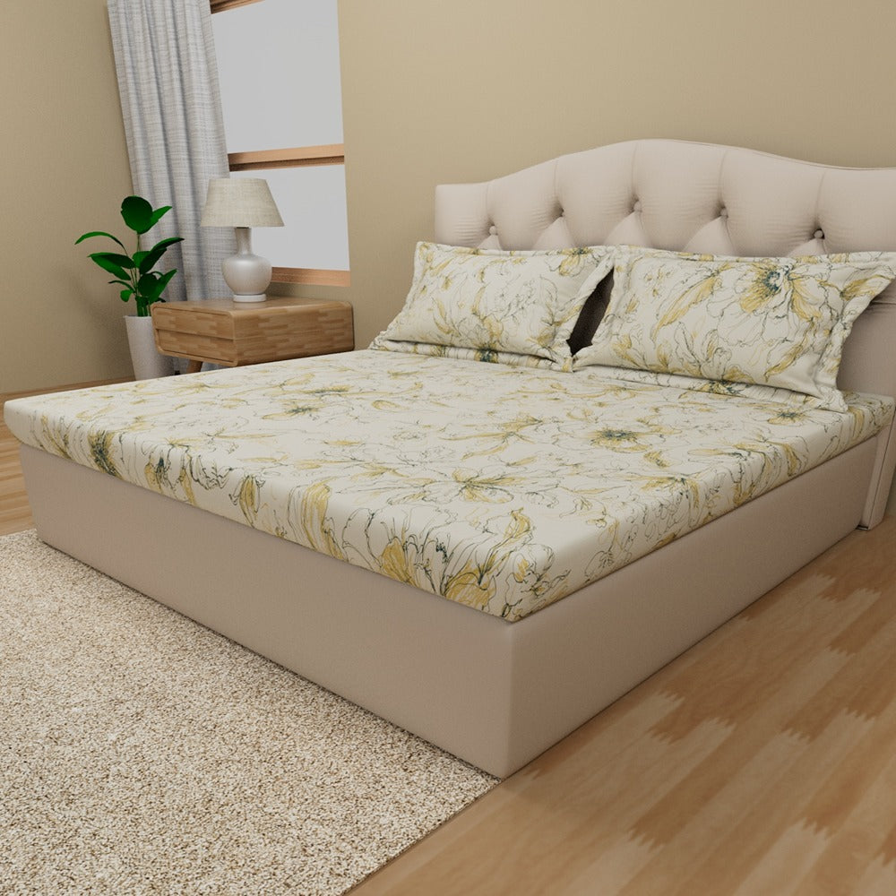 Himeya 180 TC 100% Cotton Percale Rotary Bouquet Of Flowers - King Bedsheet Set (Yellow Fern)