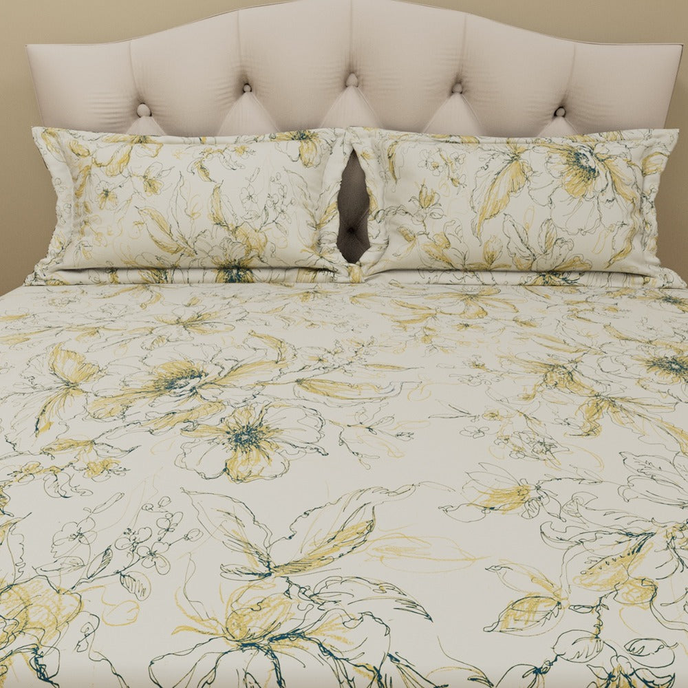 Himeya 180 TC 100% Cotton Percale Rotary Bouquet Of Flowers - King Bedsheet Set (Yellow Fern)