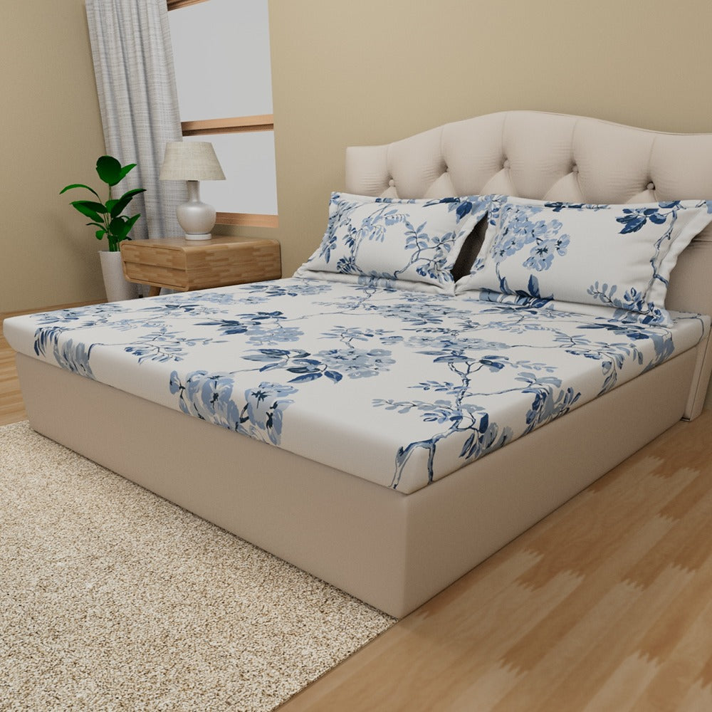 Himeya 180 TC 100% Cotton Percale Rotary Chin-Chintz - King Bedsheet Set (Indigo Orchid)