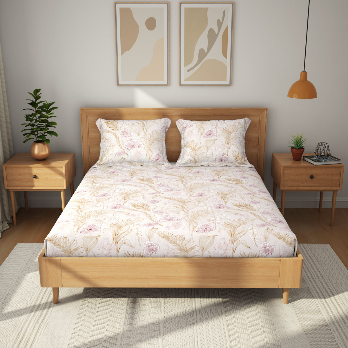 The Comfort Collection | Printed King Bedsheet Set | 120 TC Cotton | Light Peach