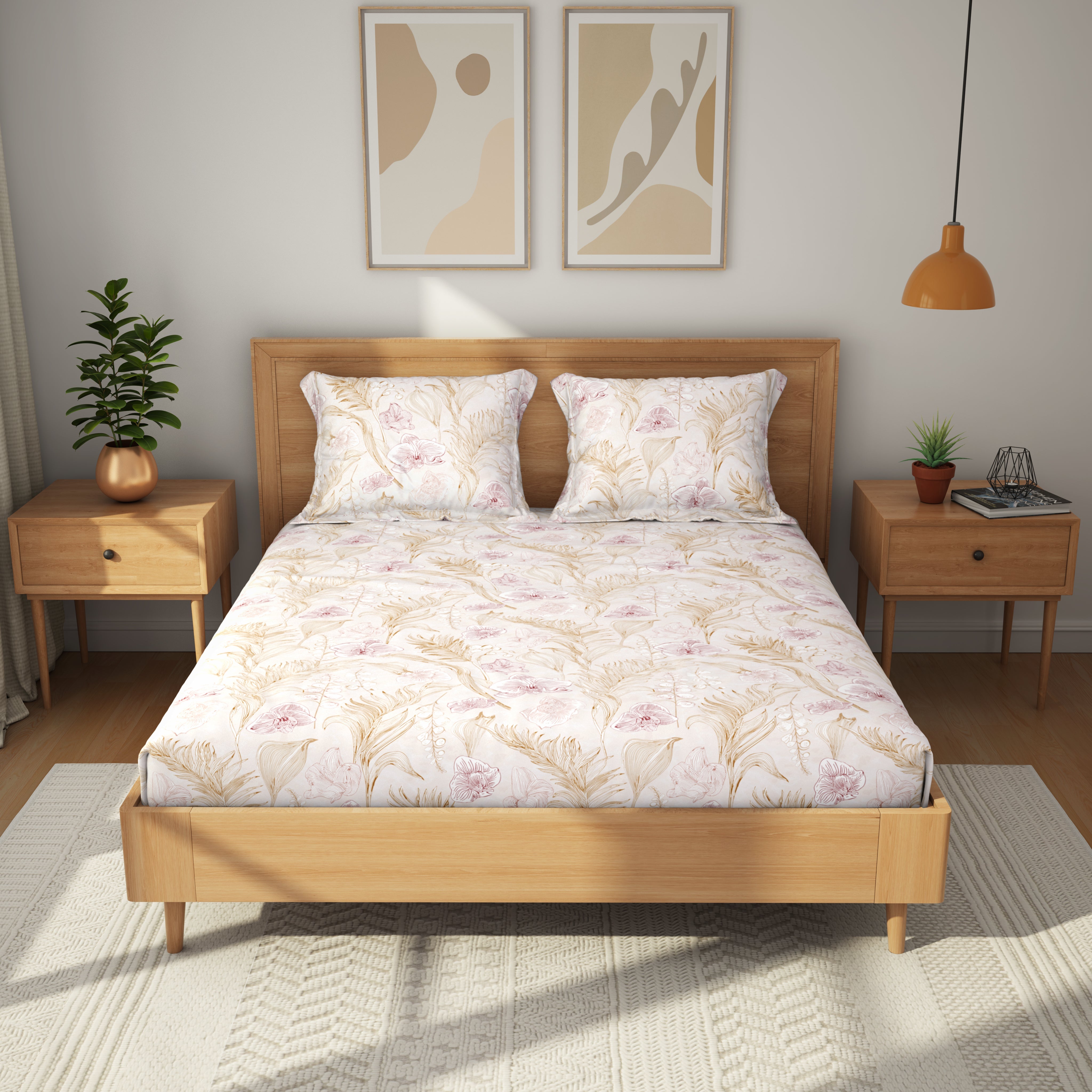 Comfort Collection, Tropical Garden | Printed Double Bedsheet Set | 120 TC Cotton - Light Peach by Himeya