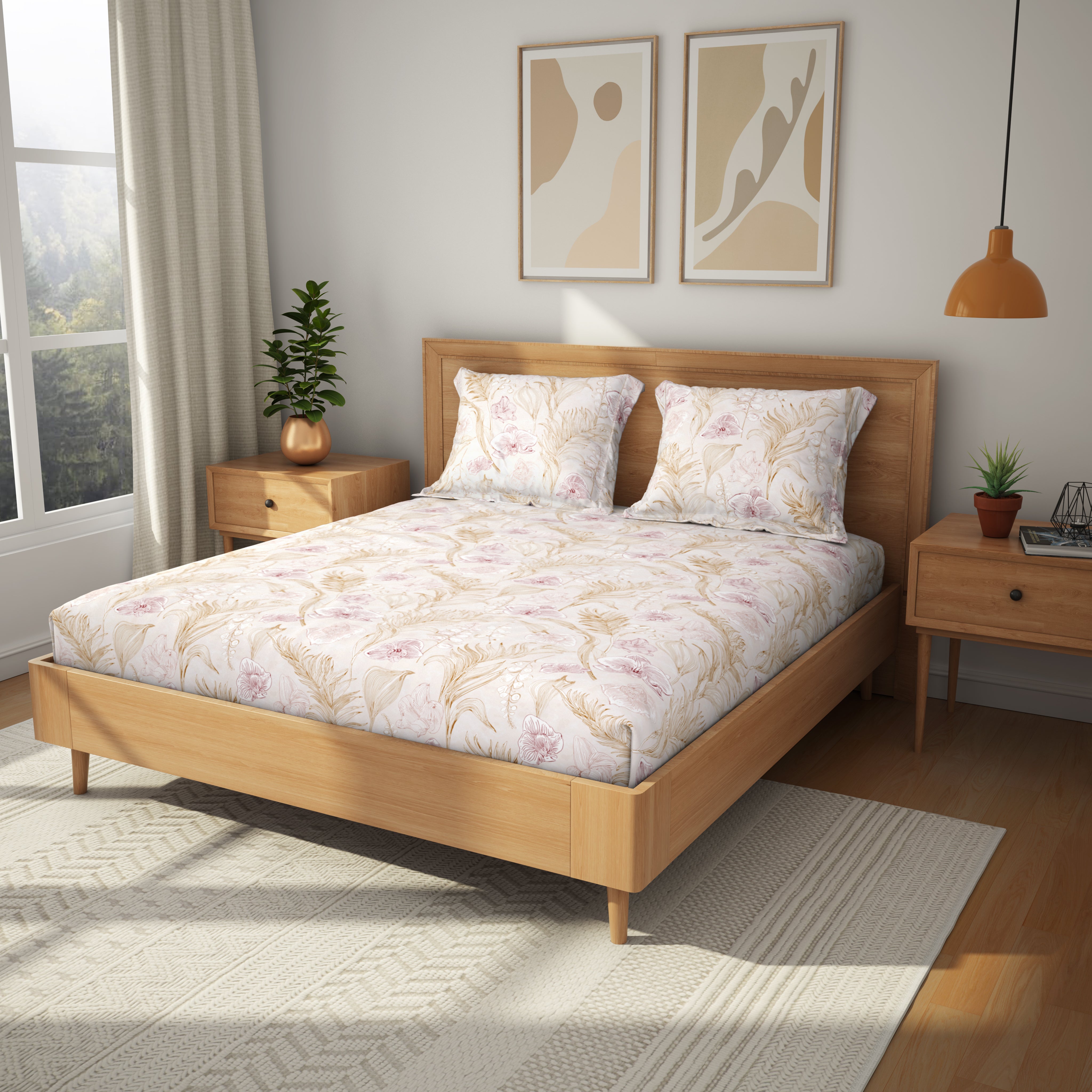 Comfort Collection, Tropical Garden | Printed King Bedsheet Set | 120 TC Cotton - Light Peach by Himeya