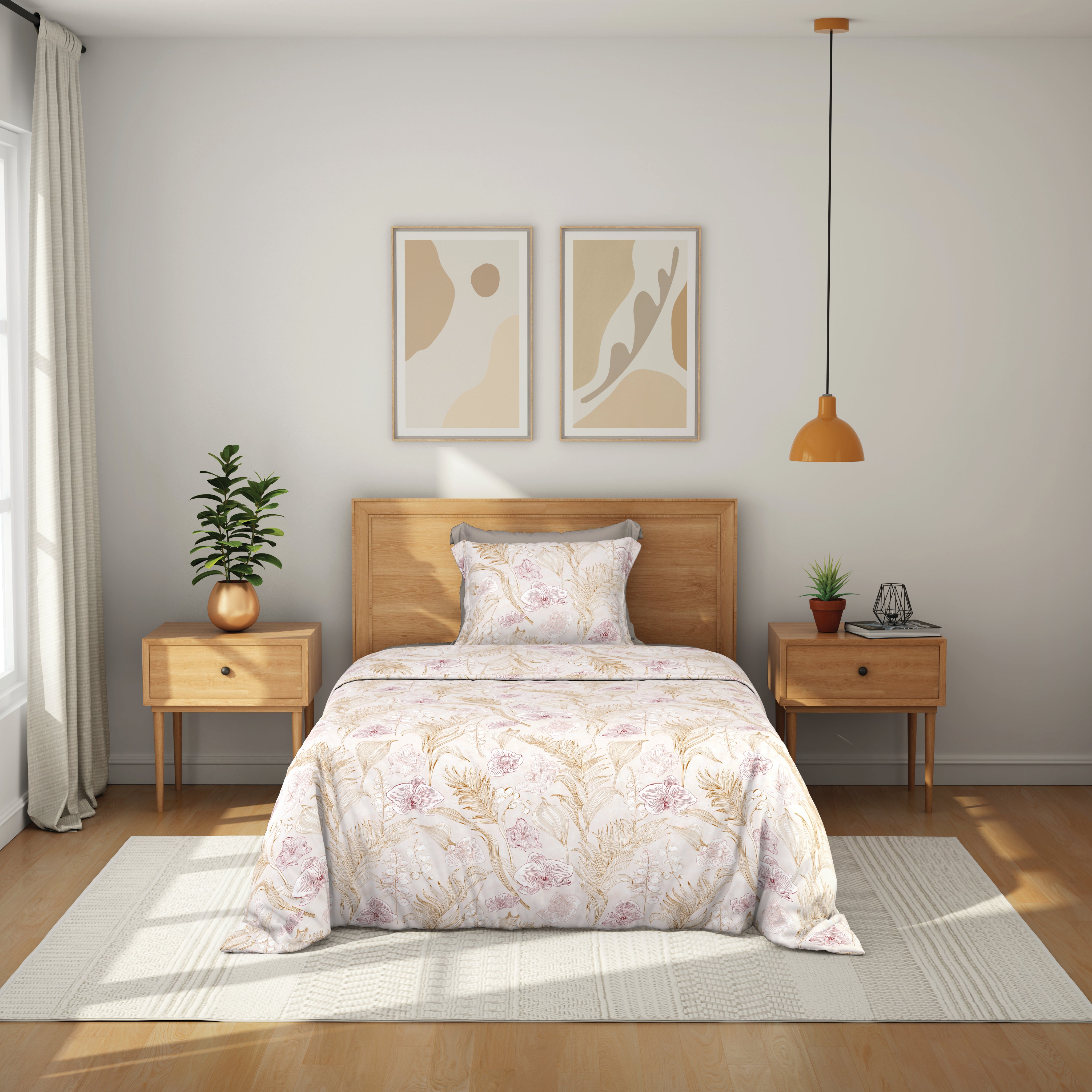 Comfort Collection, Tropical Garden | Single Bedsheet Set | 120 TC Cotton - Light Peach - by Himeya