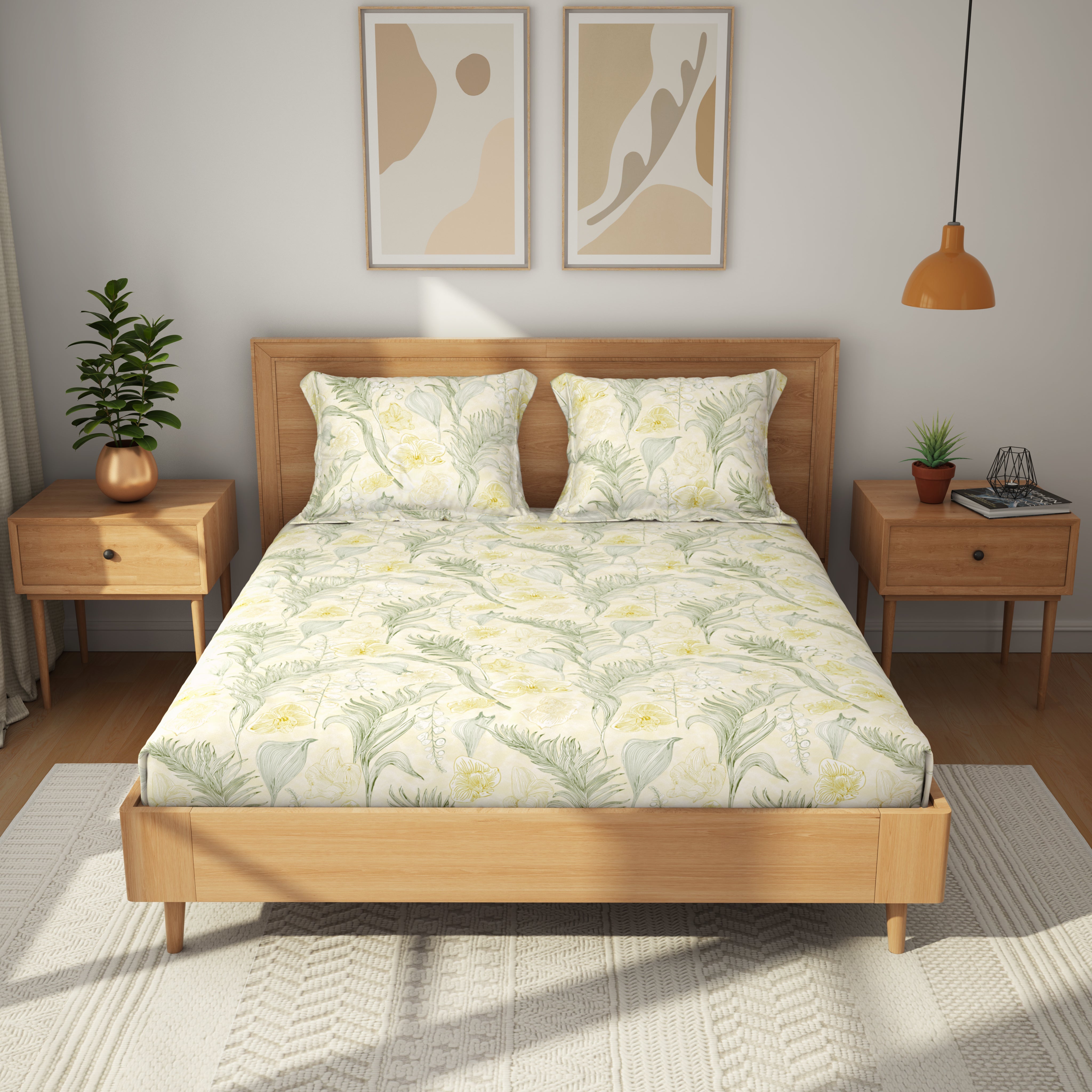 Comfort Collection, Tropical Garden | Printed Double Bedsheet Set | 120 TC Cotton - Lime Yellow by Himeya