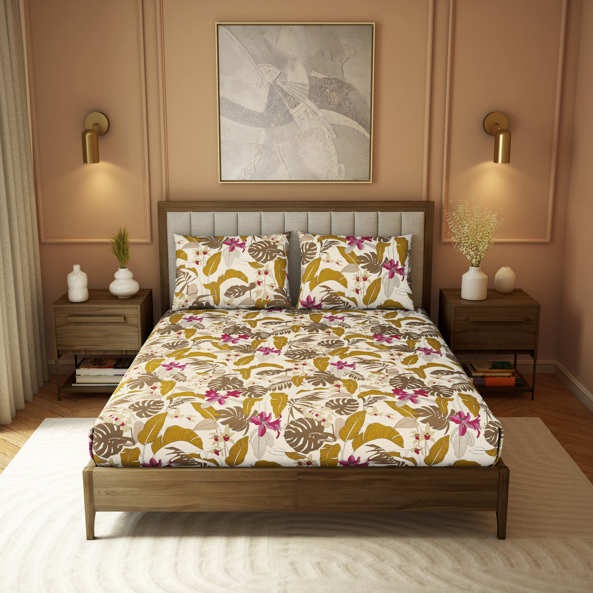 The Elite Collection | Printed King Bedsheet Set | 180 TC Cotton  | Golden Brown by Himeya