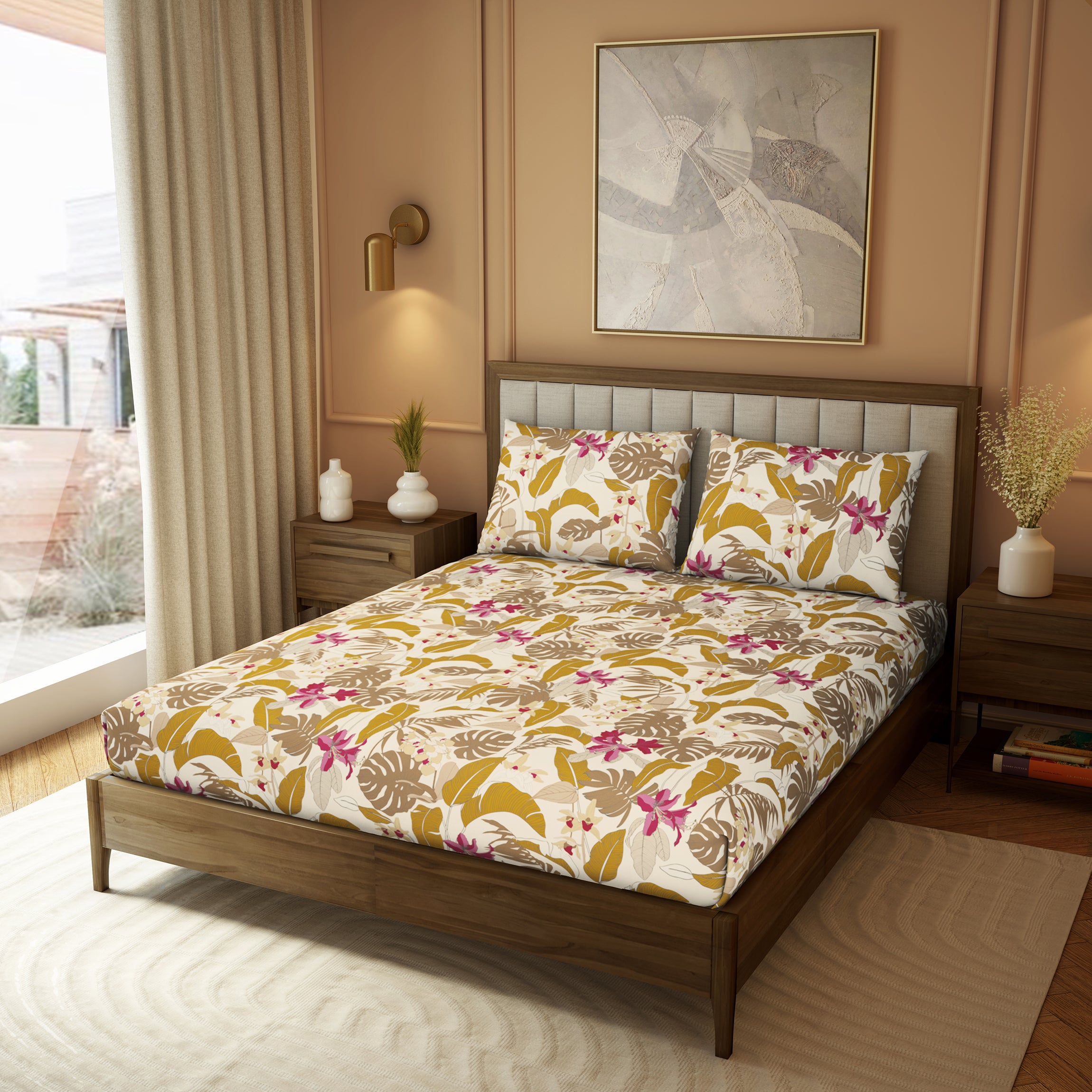 Elite Collection, Botanical Wonder | Printed King Bedsheet Set | 180 TC Cotton -Golden Brown  by Himeya