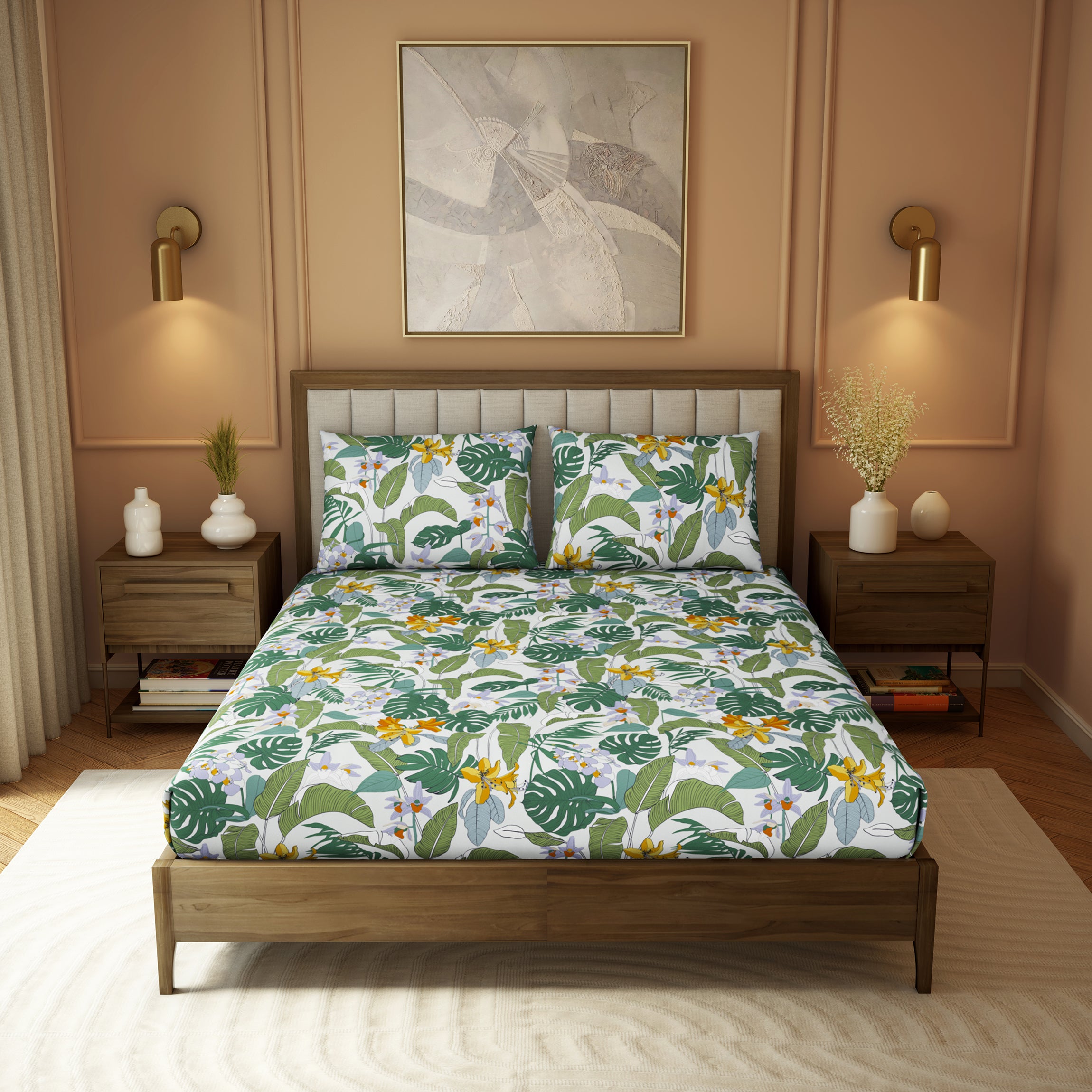 Elite Collection, Botanical Wonder | Printed King Bedsheet Set | 180 TC Cotton -Pine Green  by Himeya