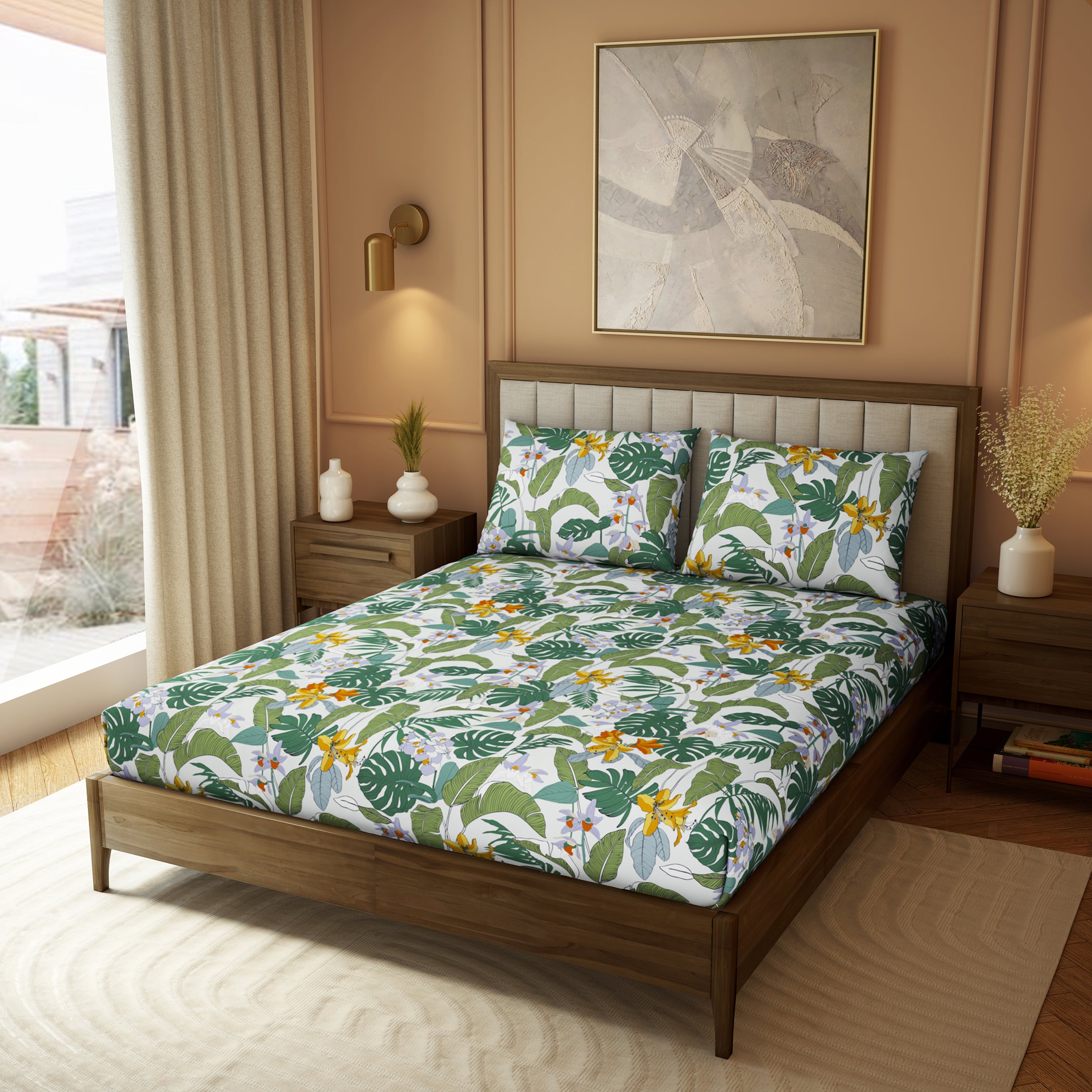 Elite Collection, Botanical Wonder | Printed King Bedsheet Set | 180 TC Cotton -Pine Green  by Himeya