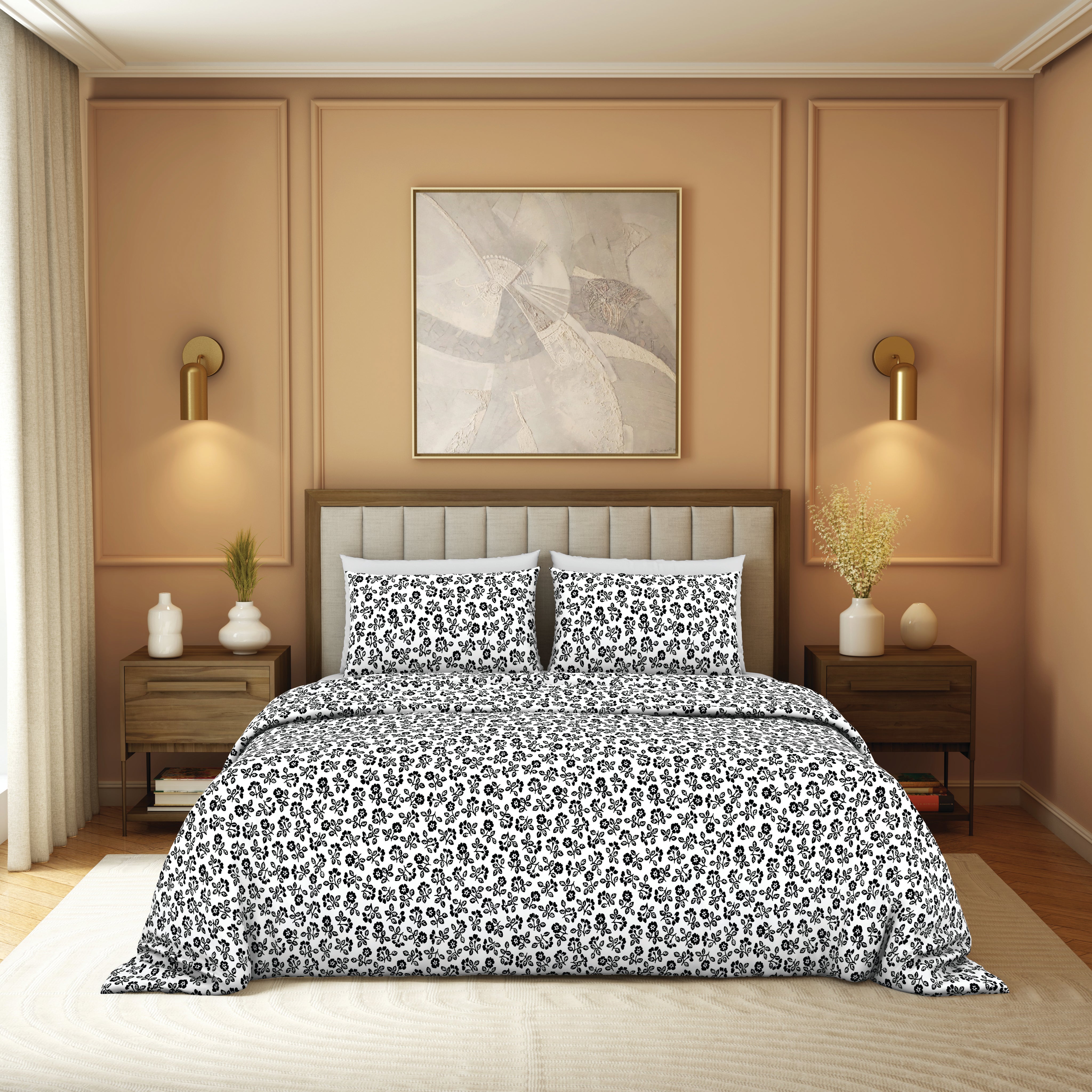 The Elegant Collection | Printed Double Bedsheet Set | 190 TC Cotton | Plain Ditsy-Black