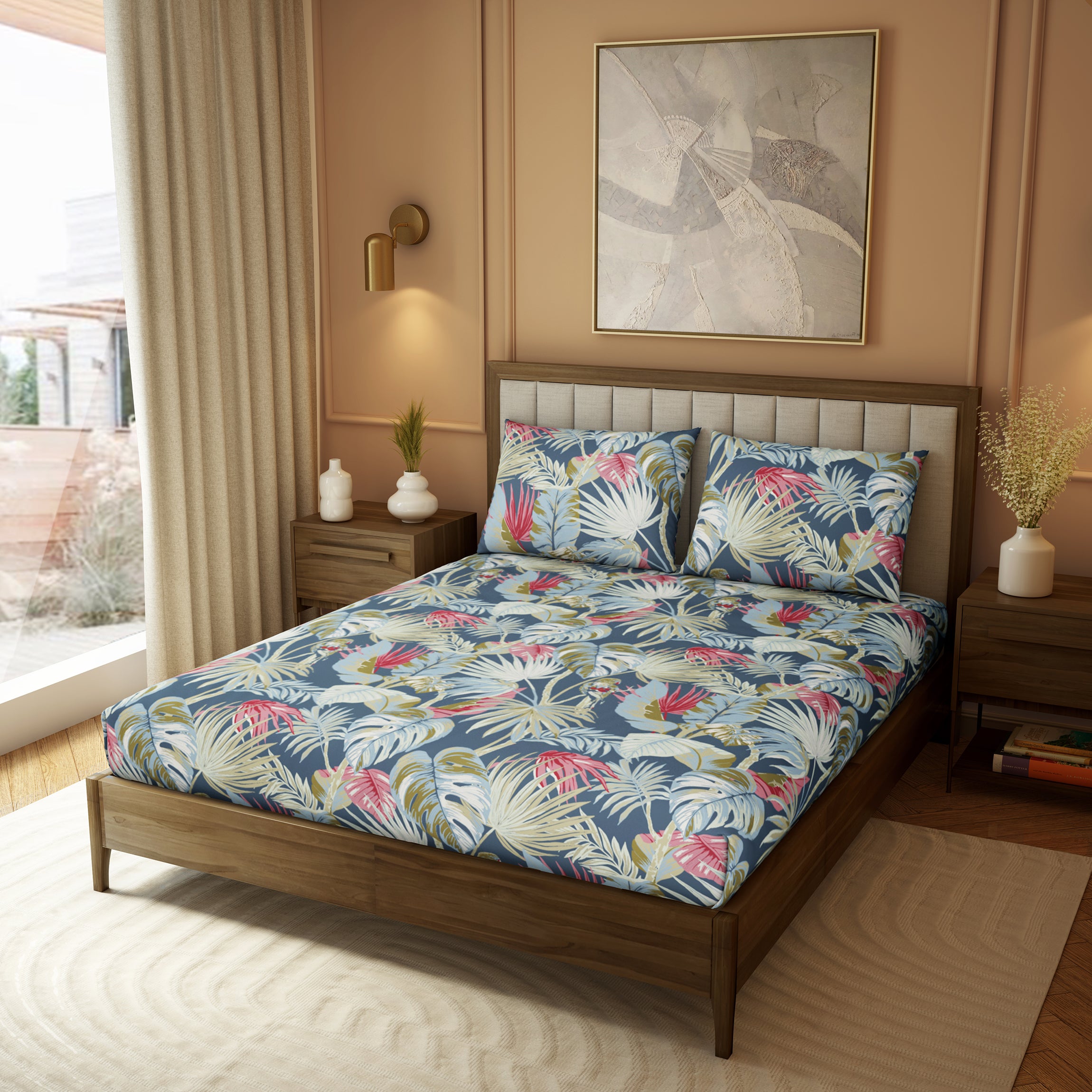 Elite Collection, Botanical Wonder | Printed King Bedsheet Set | 180 TC Cotton -Paradise Blue  by Himeya