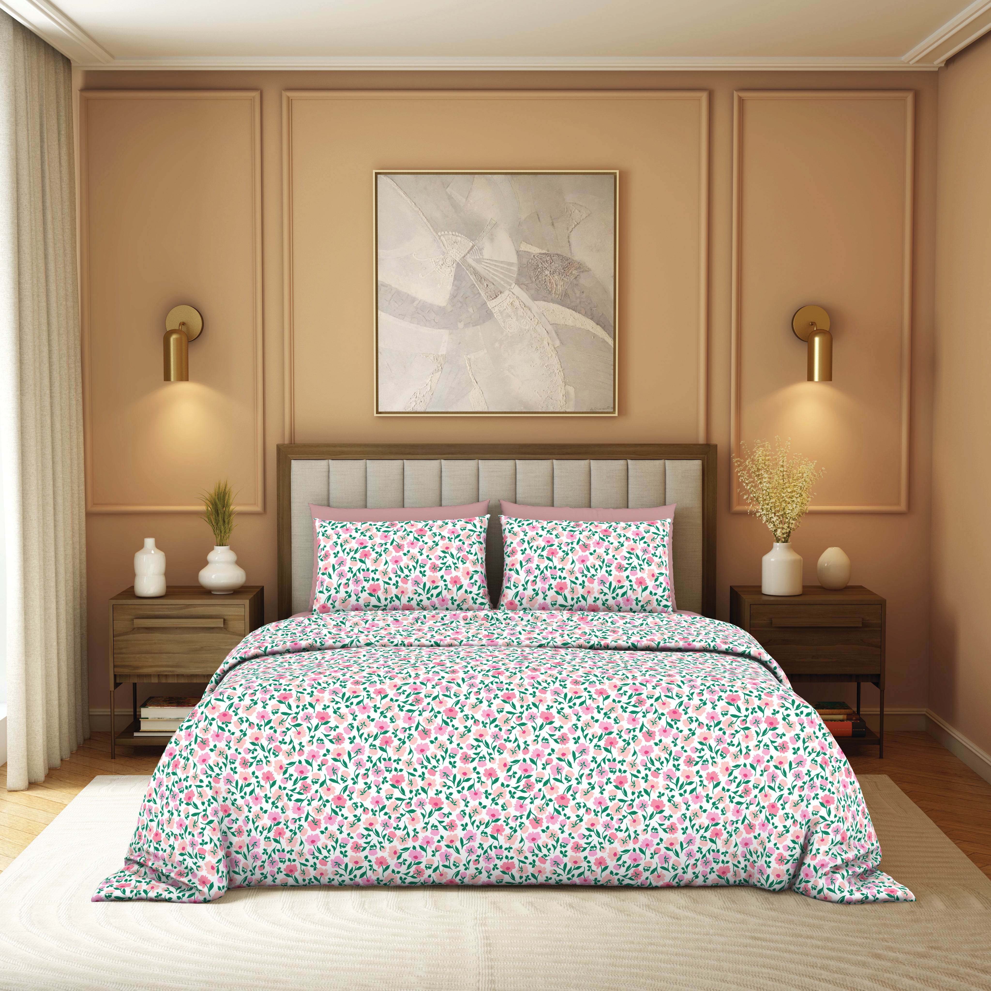 The Elegant Collection | Printed Double Bedsheet Set | 190 TC Cotton | Peony Party-Pink