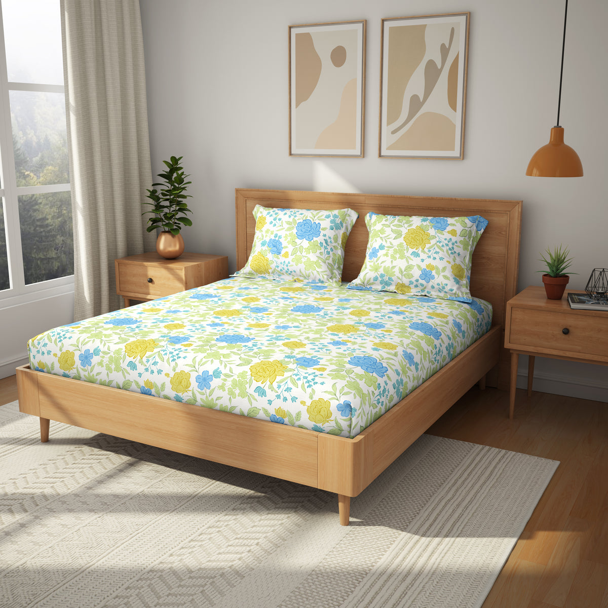 The Comfort Collection | Printed King Bedsheet Set | 120 TC Cotton | Leafy Green