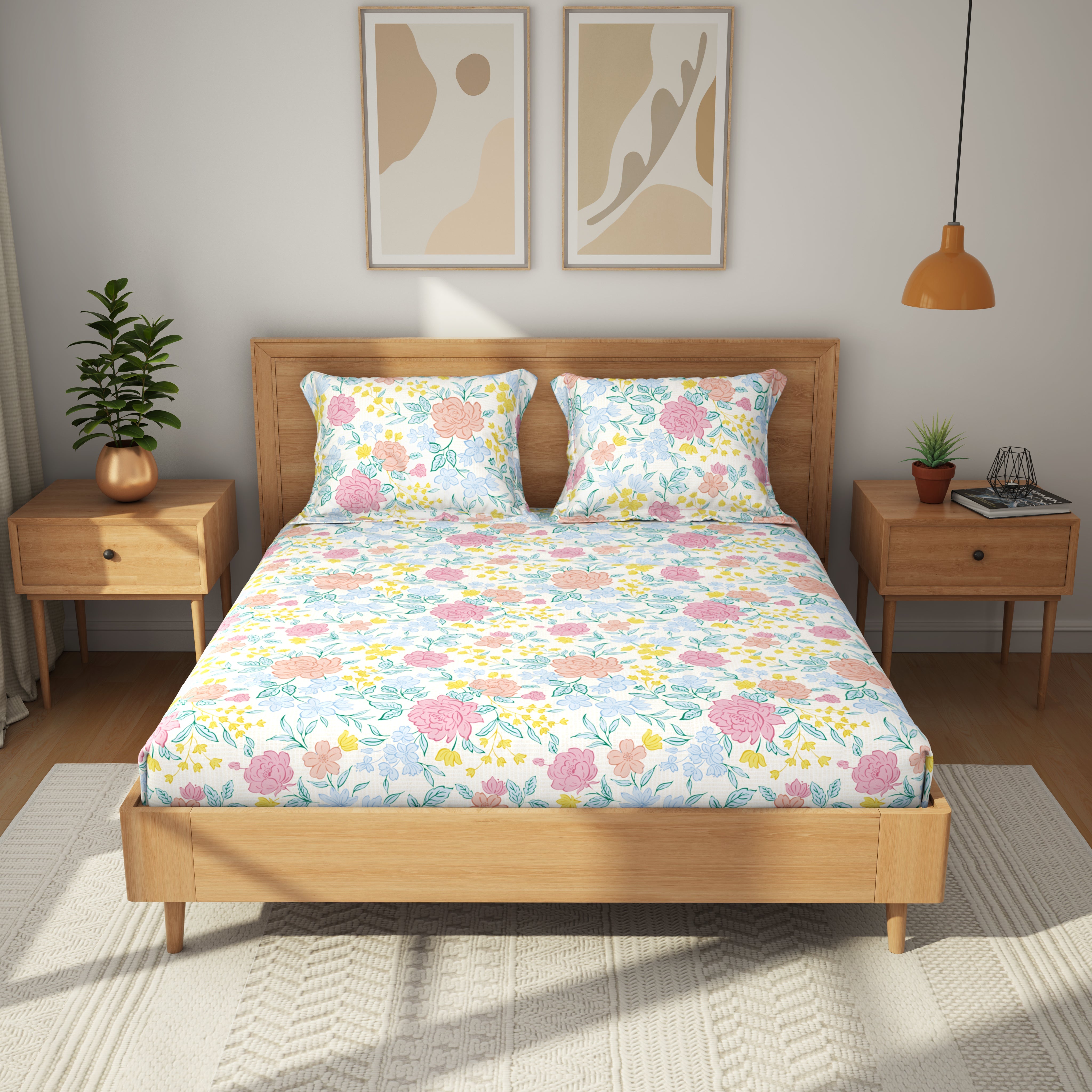 Comfort Collection, Tropical Garden | Printed Double Bedsheet Set | 120 TC Cotton - Multi Hues by Himeya