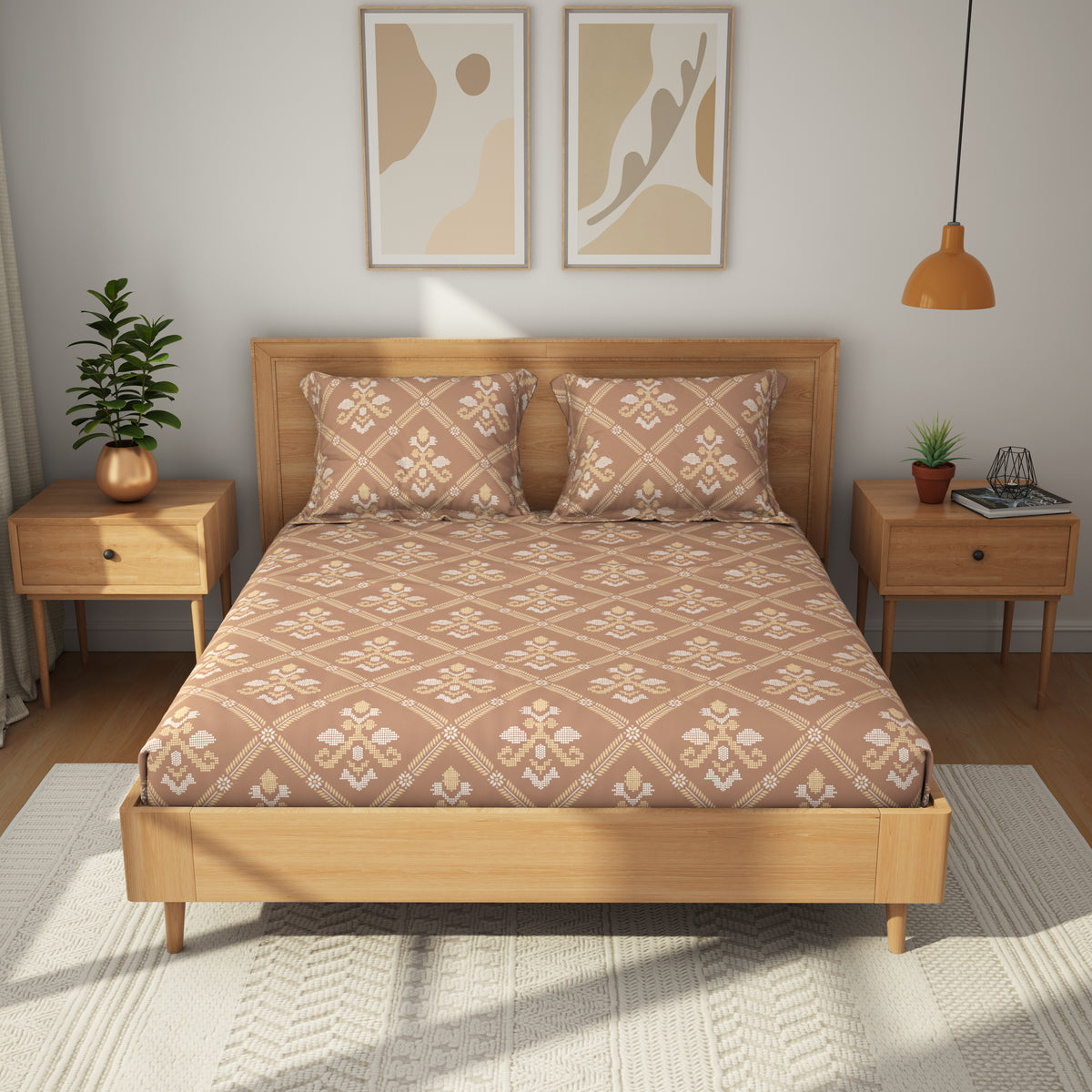 The Comfort Collection | Printed King Bedsheet Set | 144 TC Cotton | Terracotta Red
