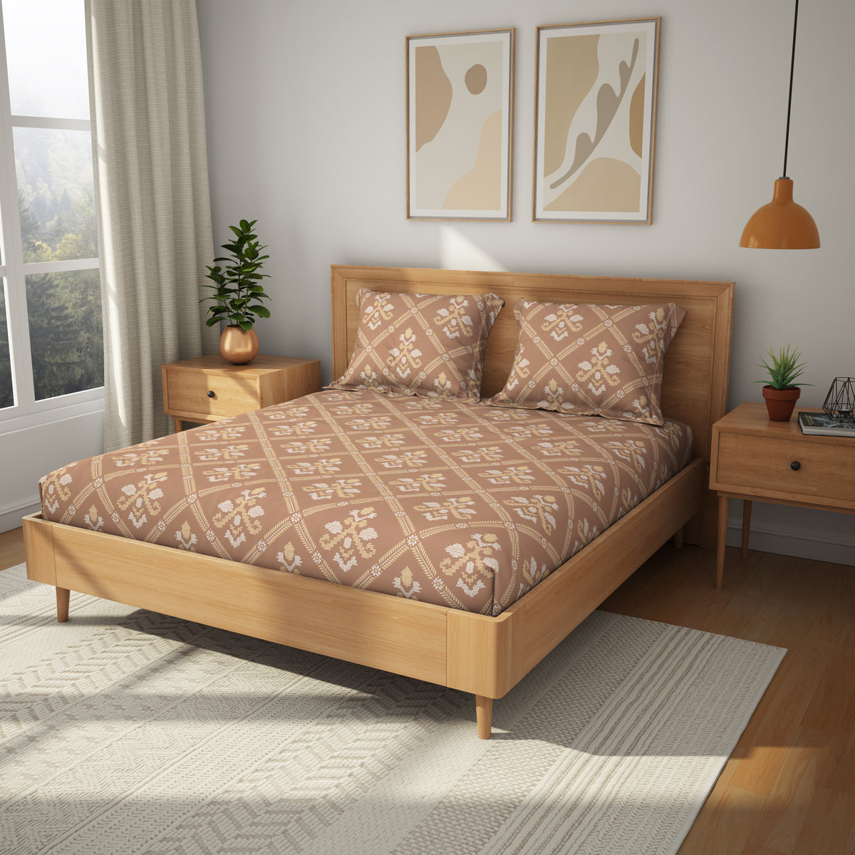 The Comfort Collection | Printed King Bedsheet Set | 144 TC Cotton | Terracotta Red