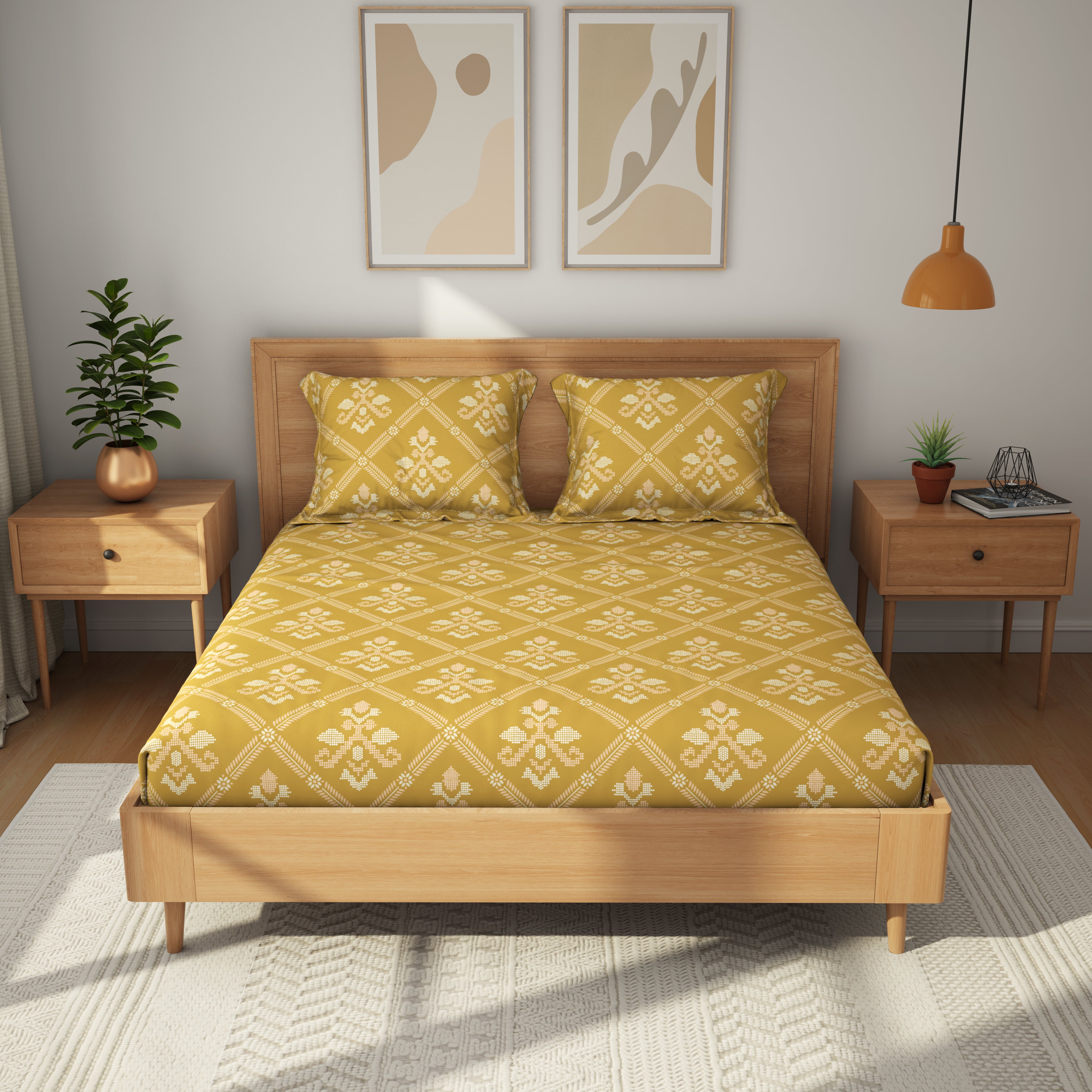 Comfort Collection, Classic | Printed King Bedsheet Set | 144 TC Cotton - Turmeric Yellow by Himeya