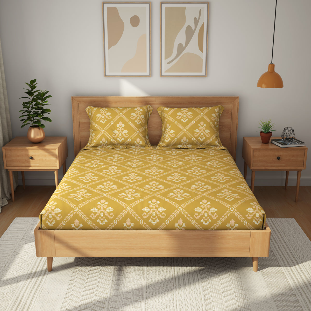 The Comfort Collection | Printed King Bedsheet Set | 144 TC Cotton | Turmeric Yellow