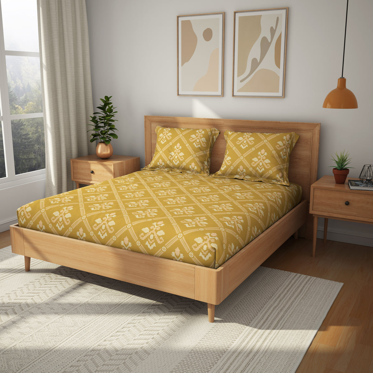 The Comfort Collection | Printed King Bedsheet Set | 144 TC Cotton | Turmeric Yellow