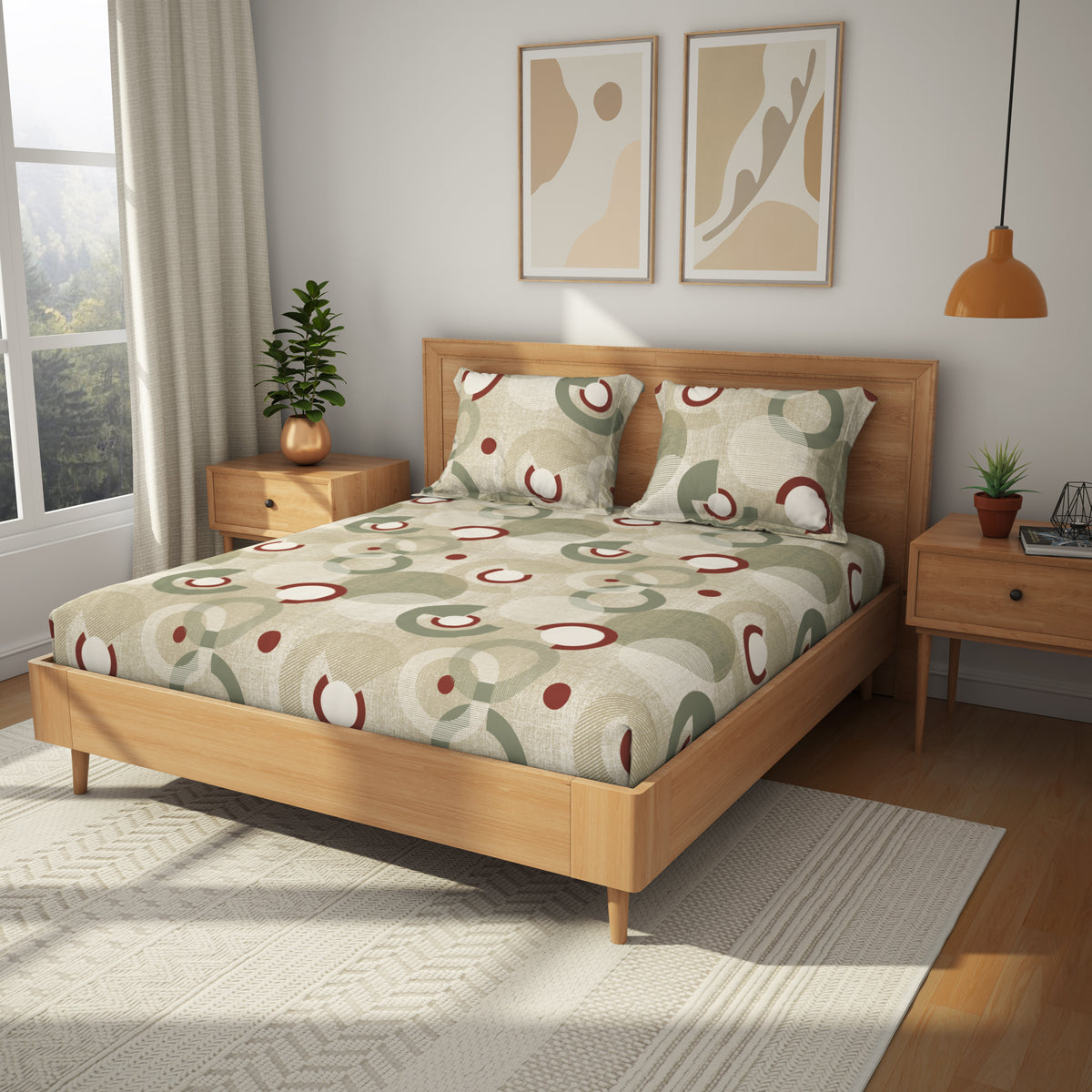 The Comfort Collection | Printed King Bedsheet Set | 120 TC Cotton | Dusty Olive
