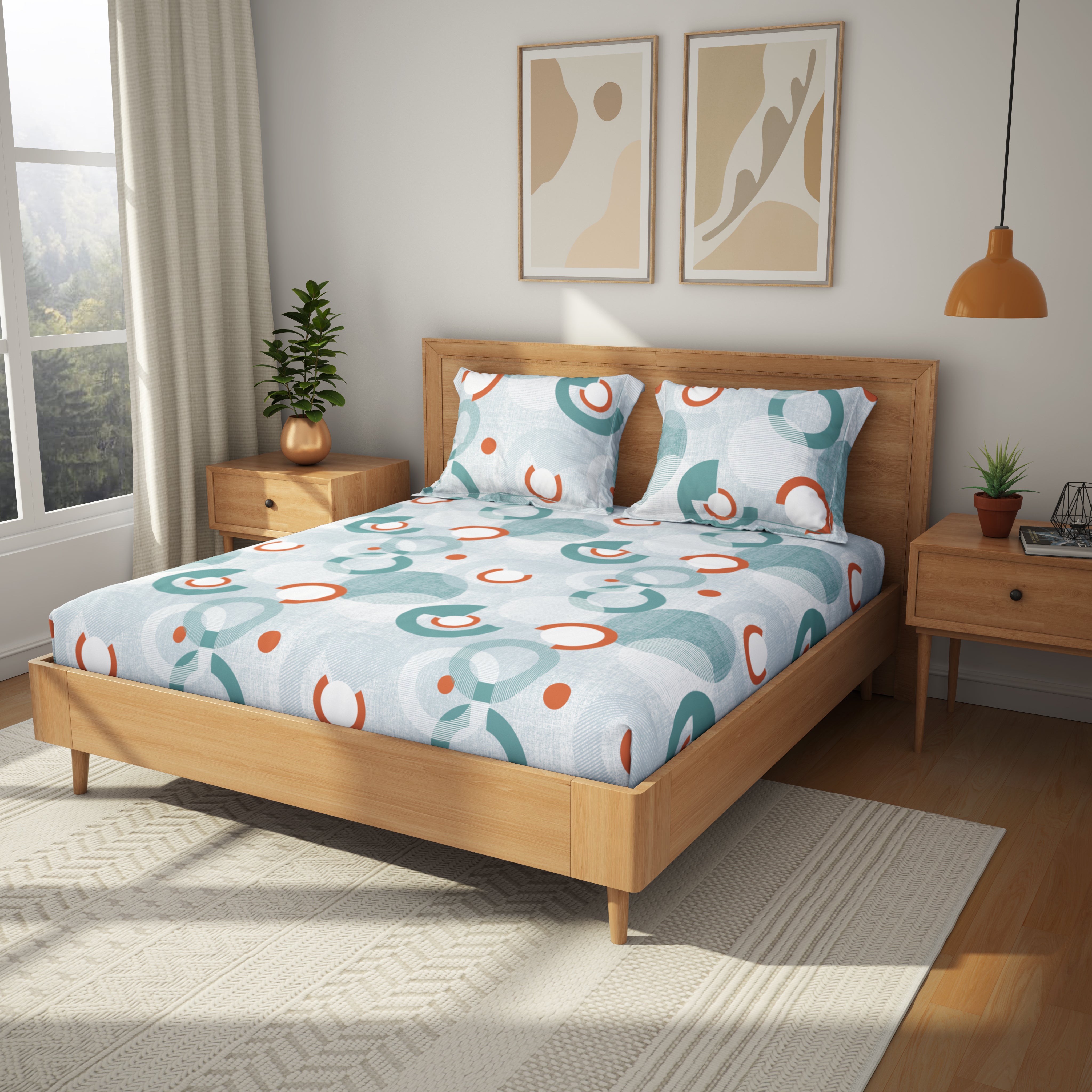 Comfort Collection, Bold & Beyond | Printed King Bedsheet Set | 120 TC Cotton - Mint Blue by Himeya