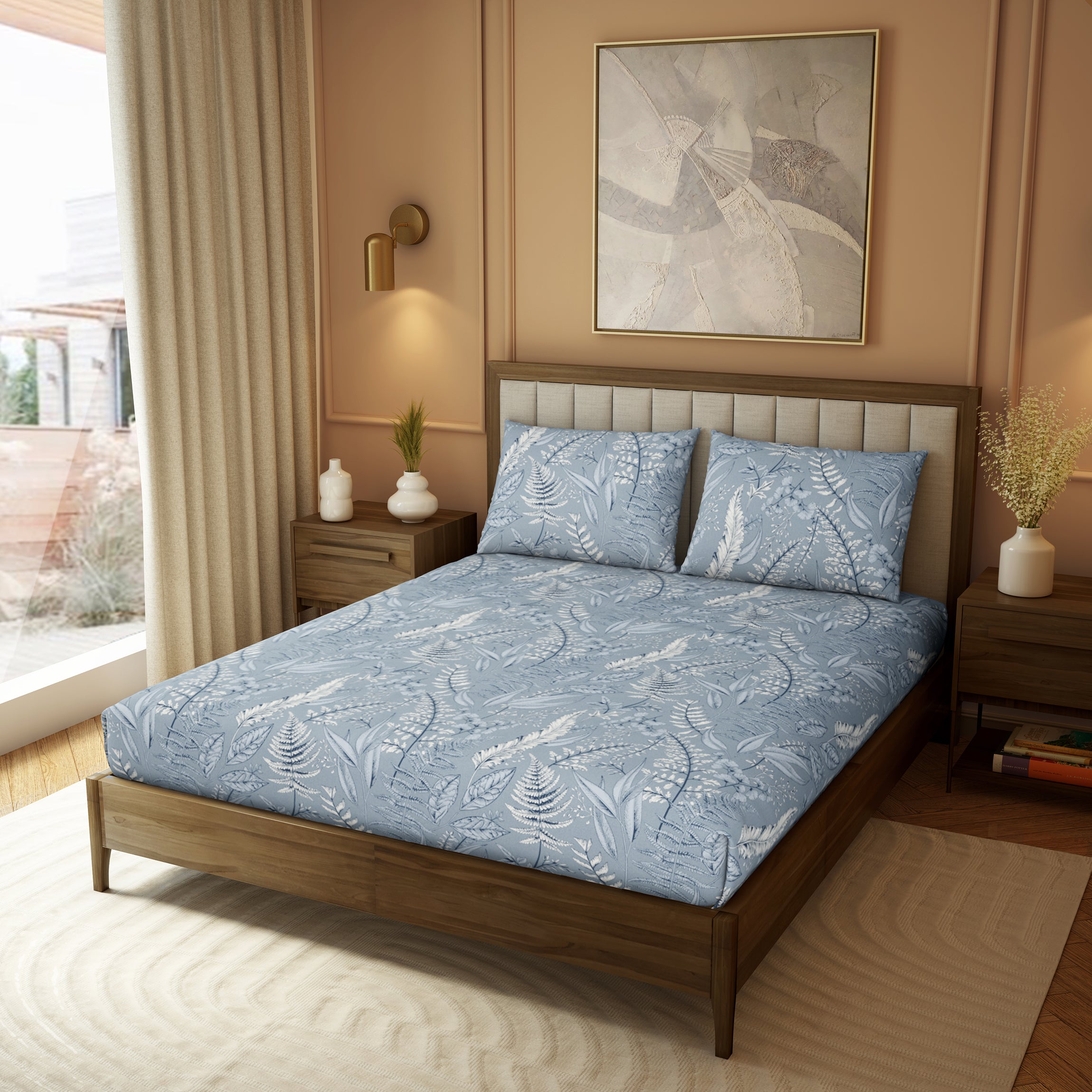 Elite Collection, Botanical Wonder | Printed King Bedsheet Set | 180 TC Cotton -Denim Blue  by Himeya