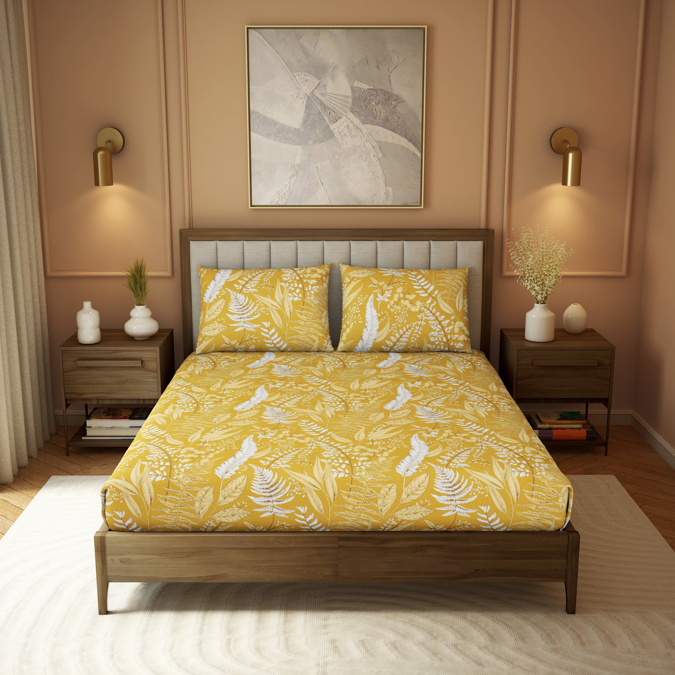 Elite Collection, Botanical Wonder | Printed King Bedsheet Set | 180 TC Cotton -Ochre Yellow  by Himeya