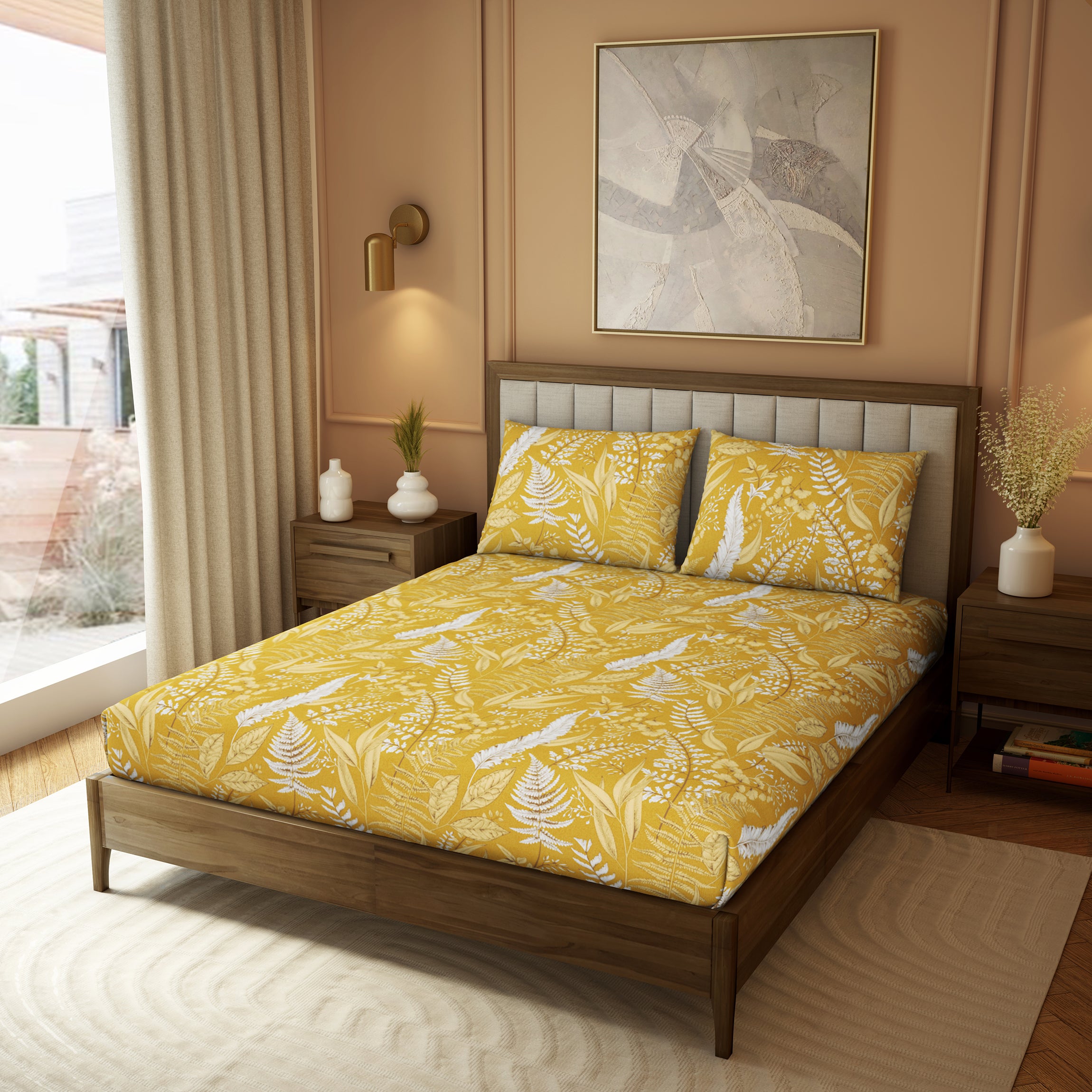 Elite Collection, Botanical Wonder | Printed King Bedsheet Set | 180 TC Cotton -Ochre Yellow  by Himeya
