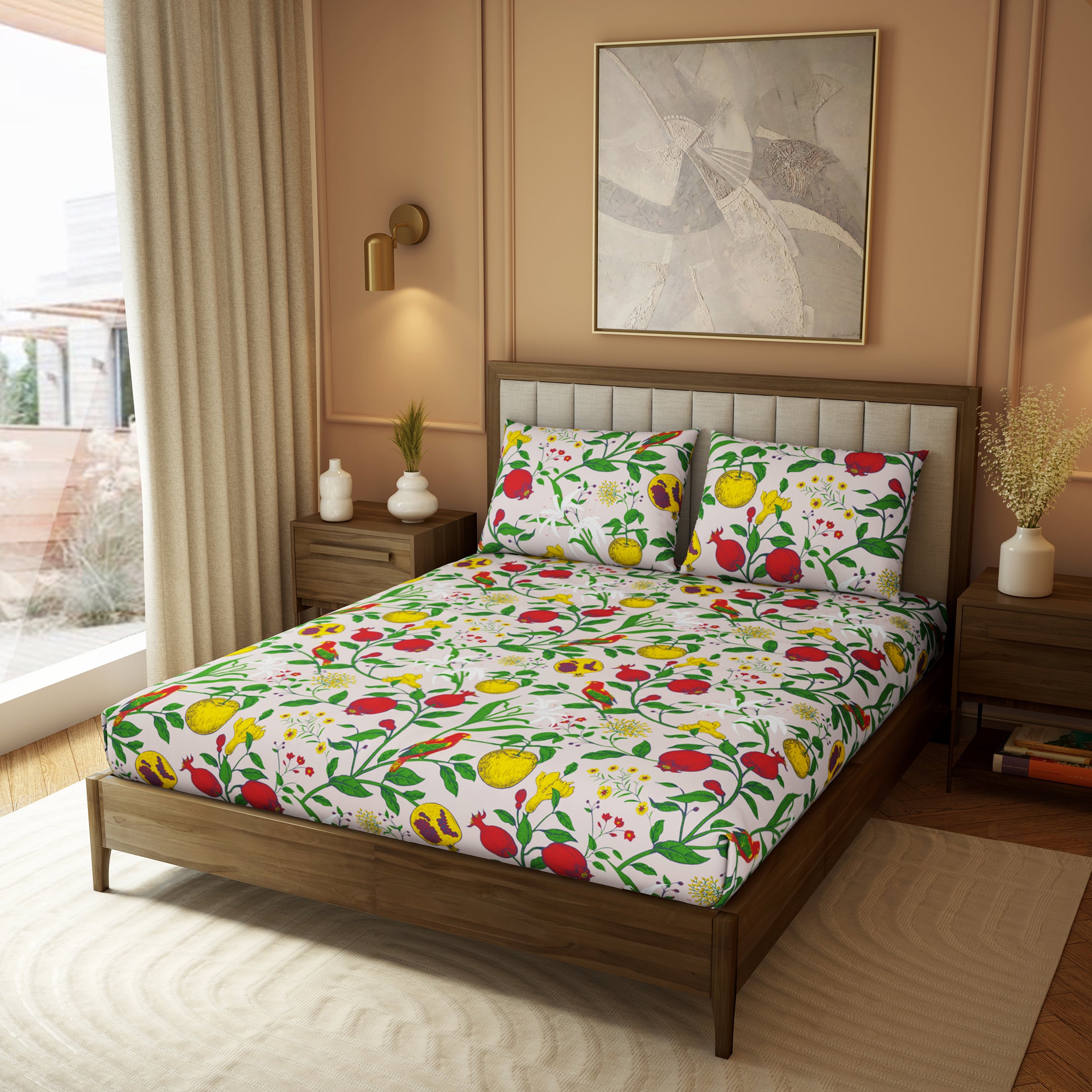 Elite Collection, Botanical Wonder | Printed King Bedsheet Set | 180 TC Cotton -Carmine Red  by Himeya