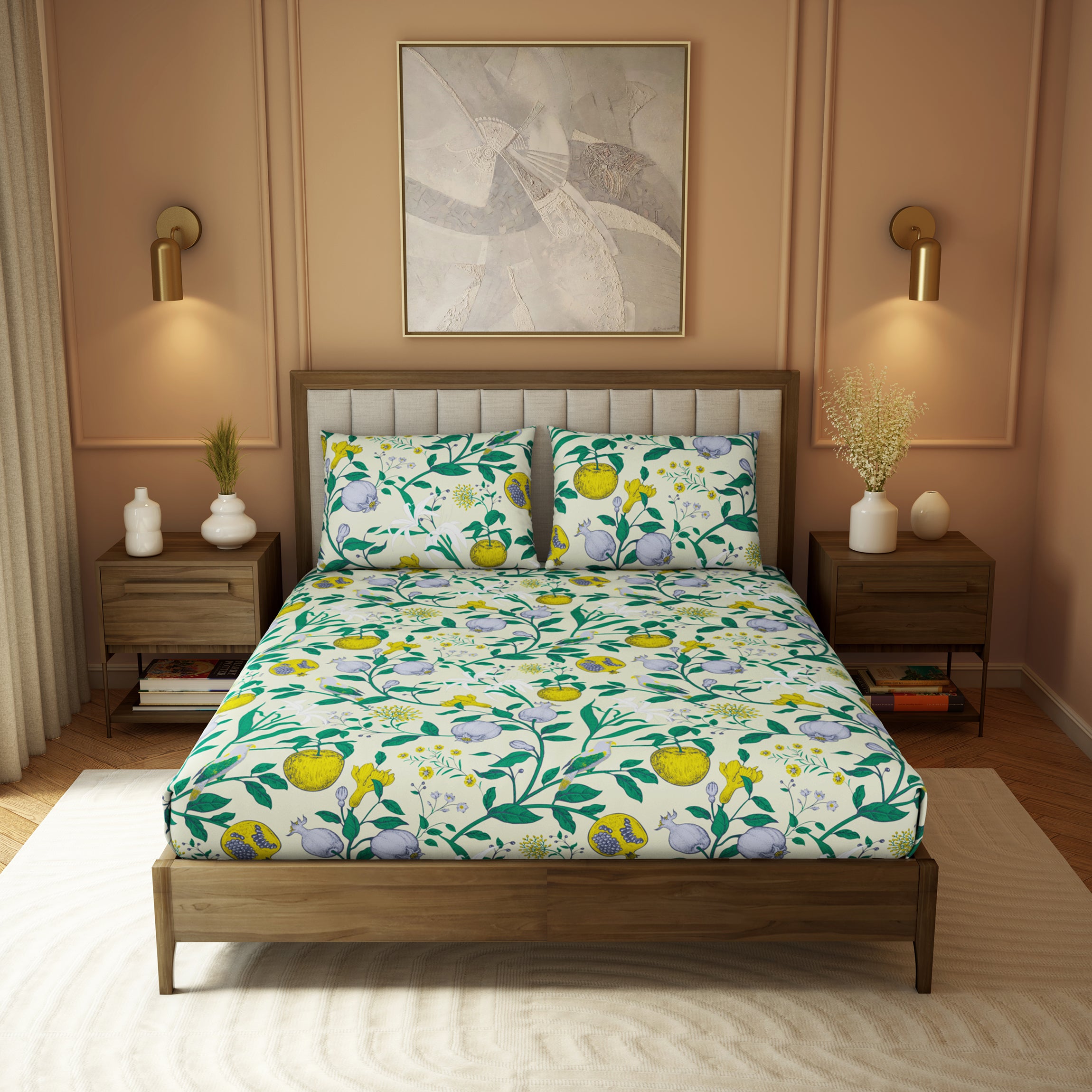 Elite Collection, Botanical Wonder | Printed King Bedsheet Set | 180 TC Cotton -Lemon Teal  by Himeya