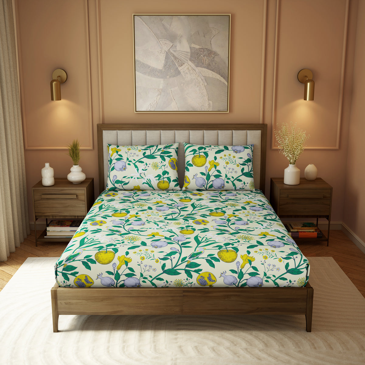 The Elite Collection | Printed King Bedsheet Set | 180 TC Cotton  | Lemon Teal by Himeya