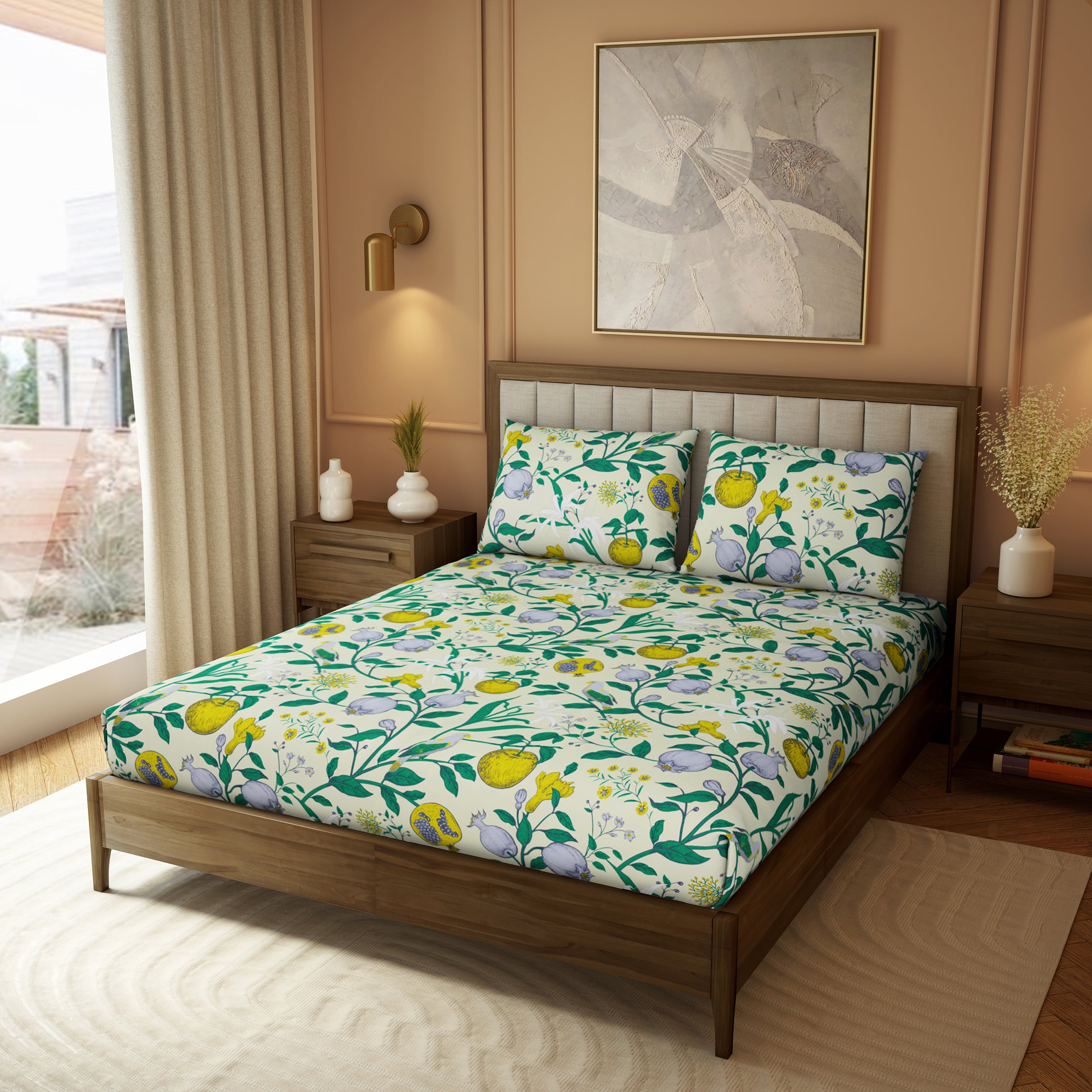 Elite Collection, Botanical Wonder | Printed King Bedsheet Set | 180 TC Cotton -Lemon Teal  by Himeya