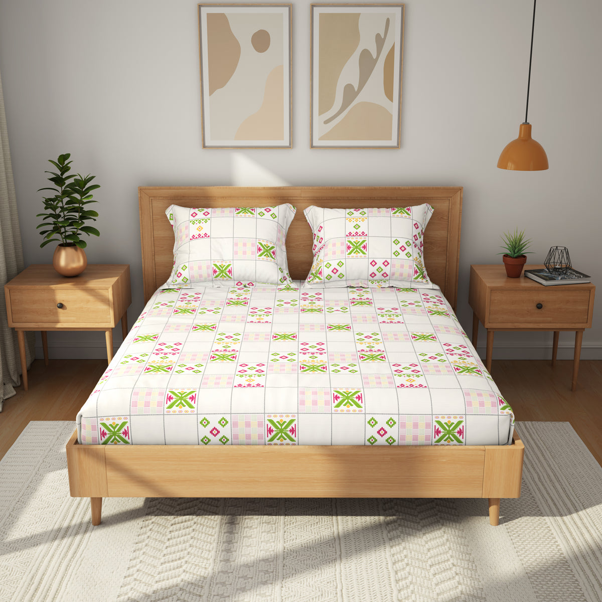 The Comfort Collection | Printed King Bedsheet Set | 144 TC Cotton | Fuschia Pink