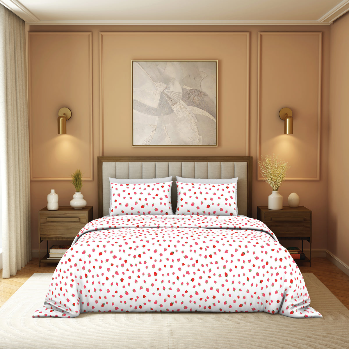 The Elegant Collection | Printed Double Bedsheet Set | 190 TC Cotton | Tossed Strawbery-Red