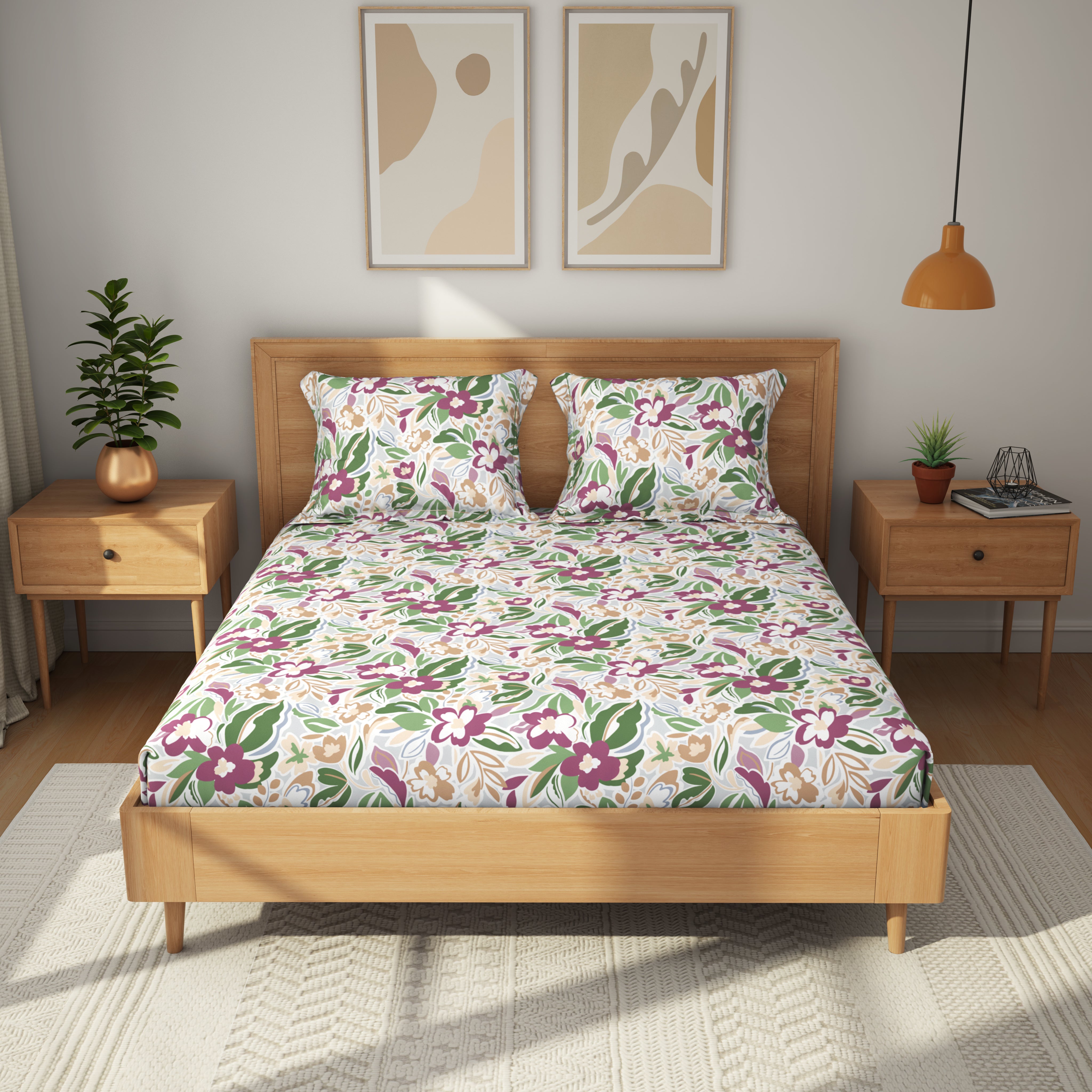 Comfort Collection, Tropical Garden | Printed King Bedsheet Set | 120 TC Cotton - Berry Purple by Himeya