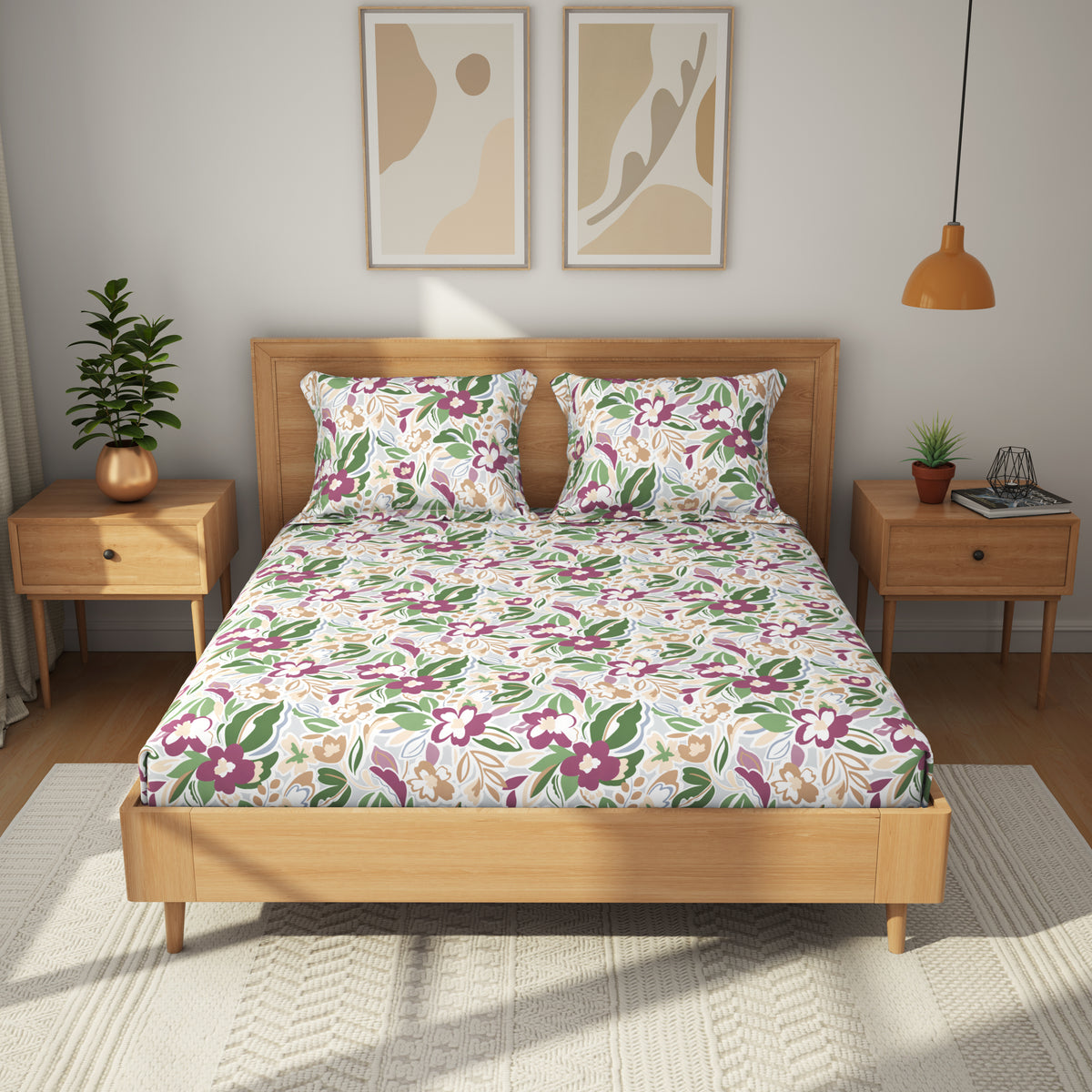 The Comfort Collection | Printed King Bedsheet Set | 120 TC Cotton | Berry Purple