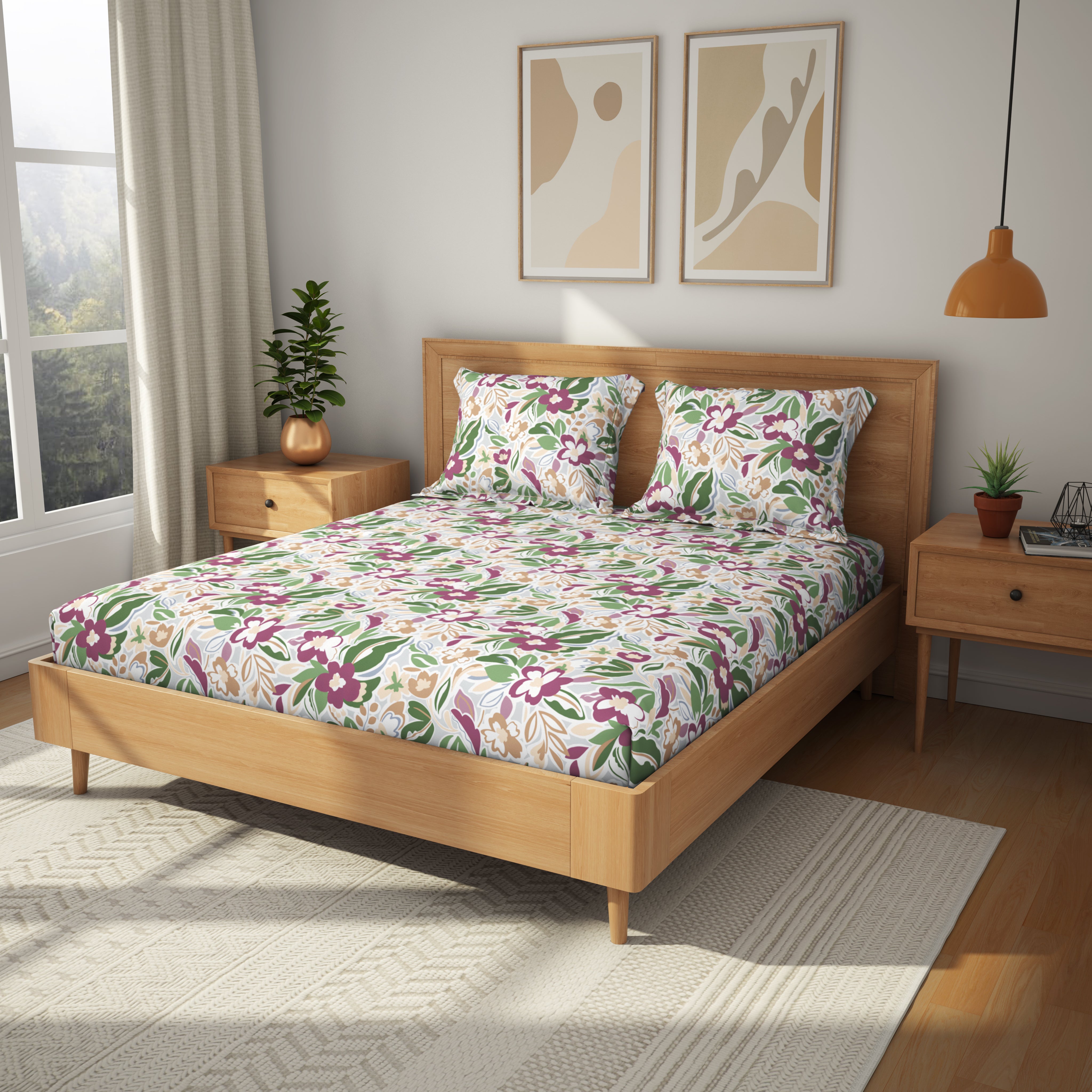 Comfort Collection, Tropical Garden | Printed King Bedsheet Set | 120 TC Cotton - Berry Purple by Himeya