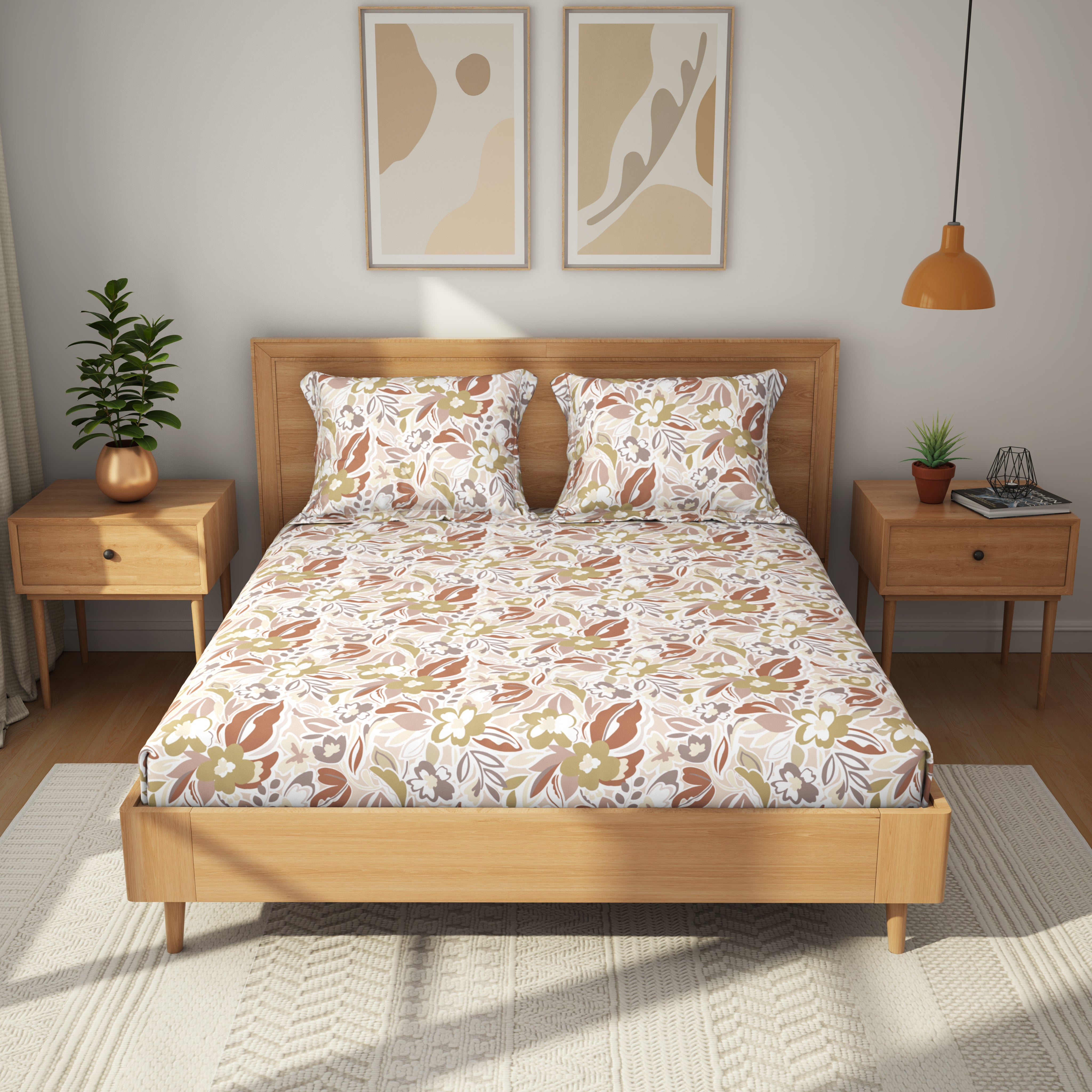 Comfort Collection, Tropical Garden | Printed King Bedsheet Set | 120 TC Cotton - Terracotta Peach by Himeya