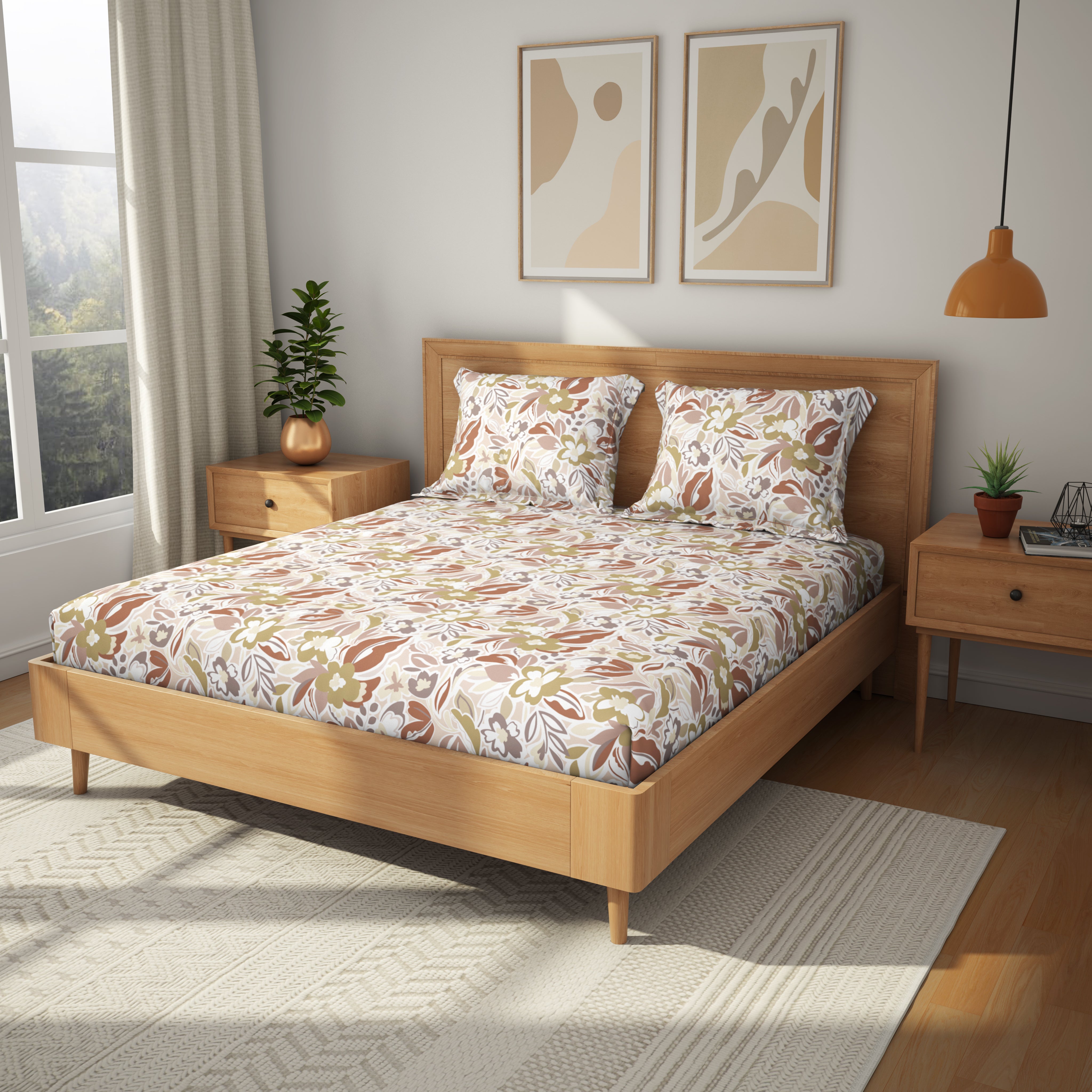 Comfort Collection, Tropical Garden | Printed King Bedsheet Set | 120 TC Cotton - Terracotta Peach by Himeya