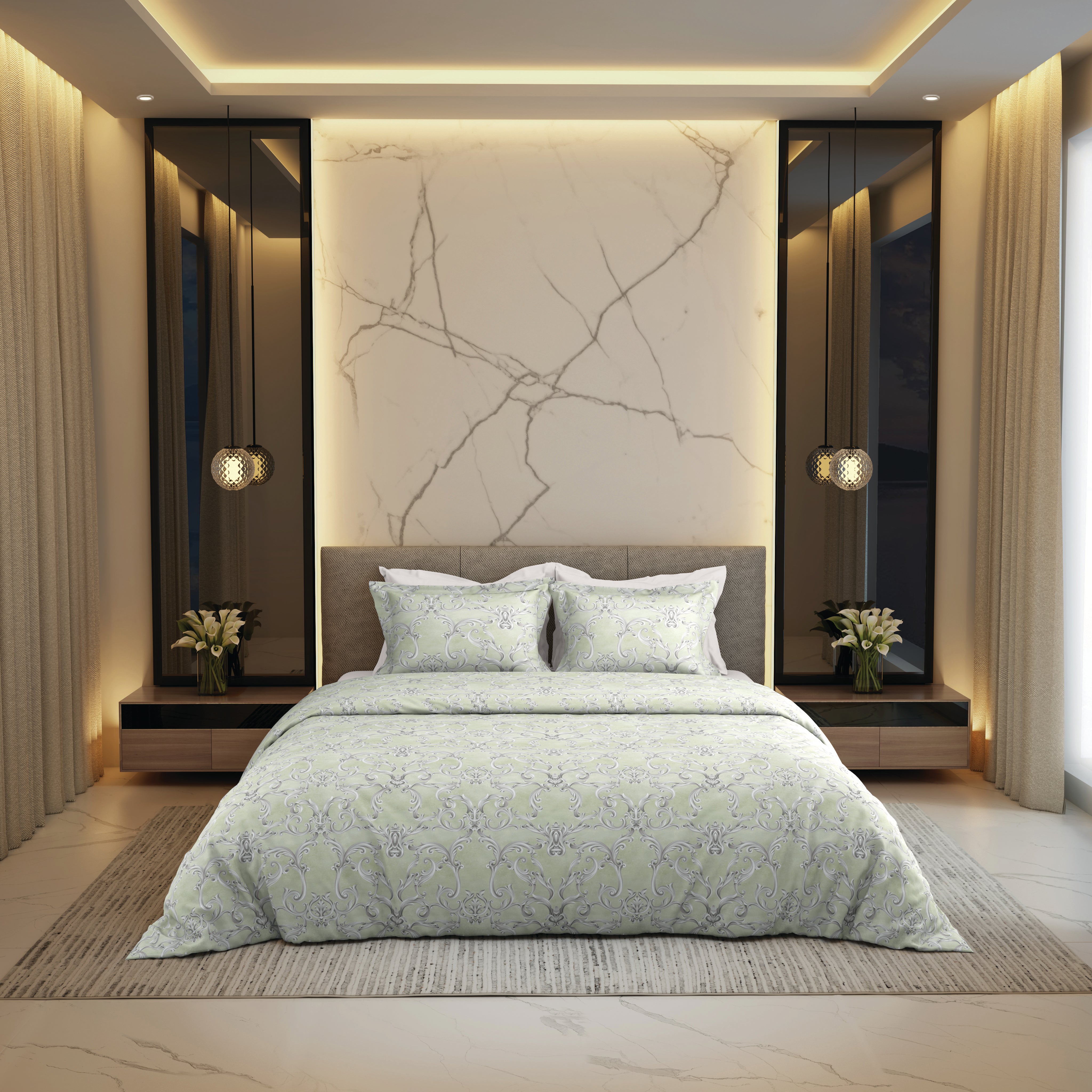 The Gold Collection | Printed King Bedsheet Set | 300 TC Cotton | Green Stone