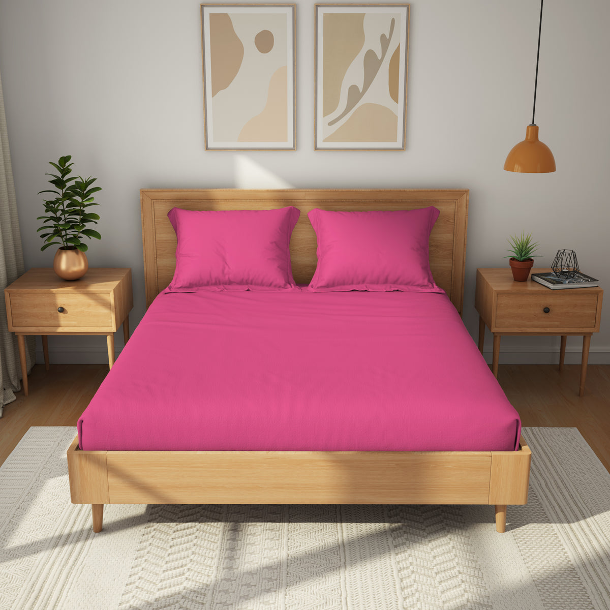The Exclusive Collection | Printed Double Bedsheet Set | 200 TC  Cotton | Bright Pink