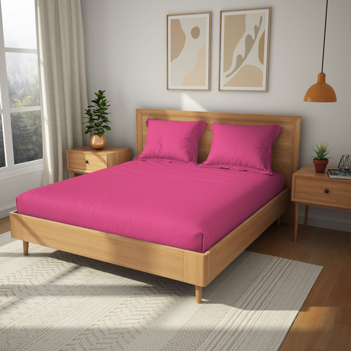 The Exclusive Collection | Printed Double Bedsheet Set | 200 TC  Cotton | Bright Pink